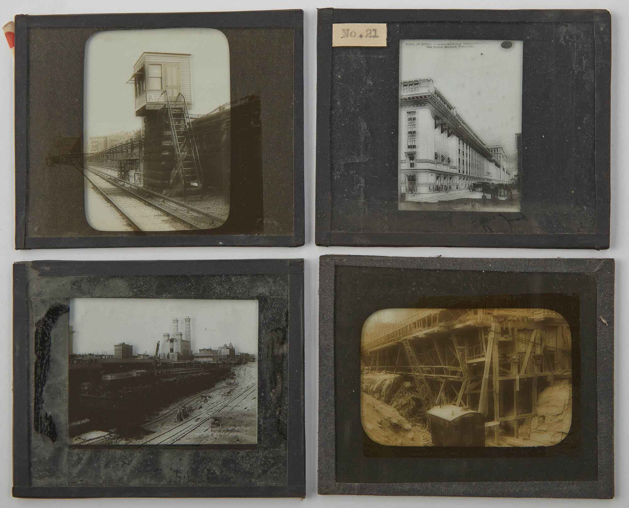 Lot image - [GRAND CENTRAL TERMINAL]  Group of approximately 75 glass lantern slides depicting the construction of Grand Central terminal and related buildings.