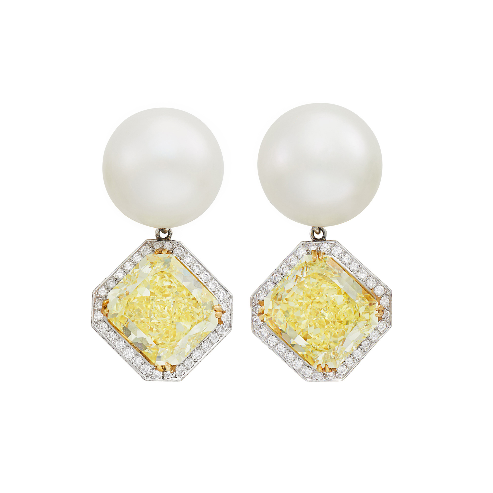 Lot image - Pair of Platinum, Gold, South Sea Cultured Pearl, Fancy Intense Yellow Diamond and Diamond Pendant-Earrings
