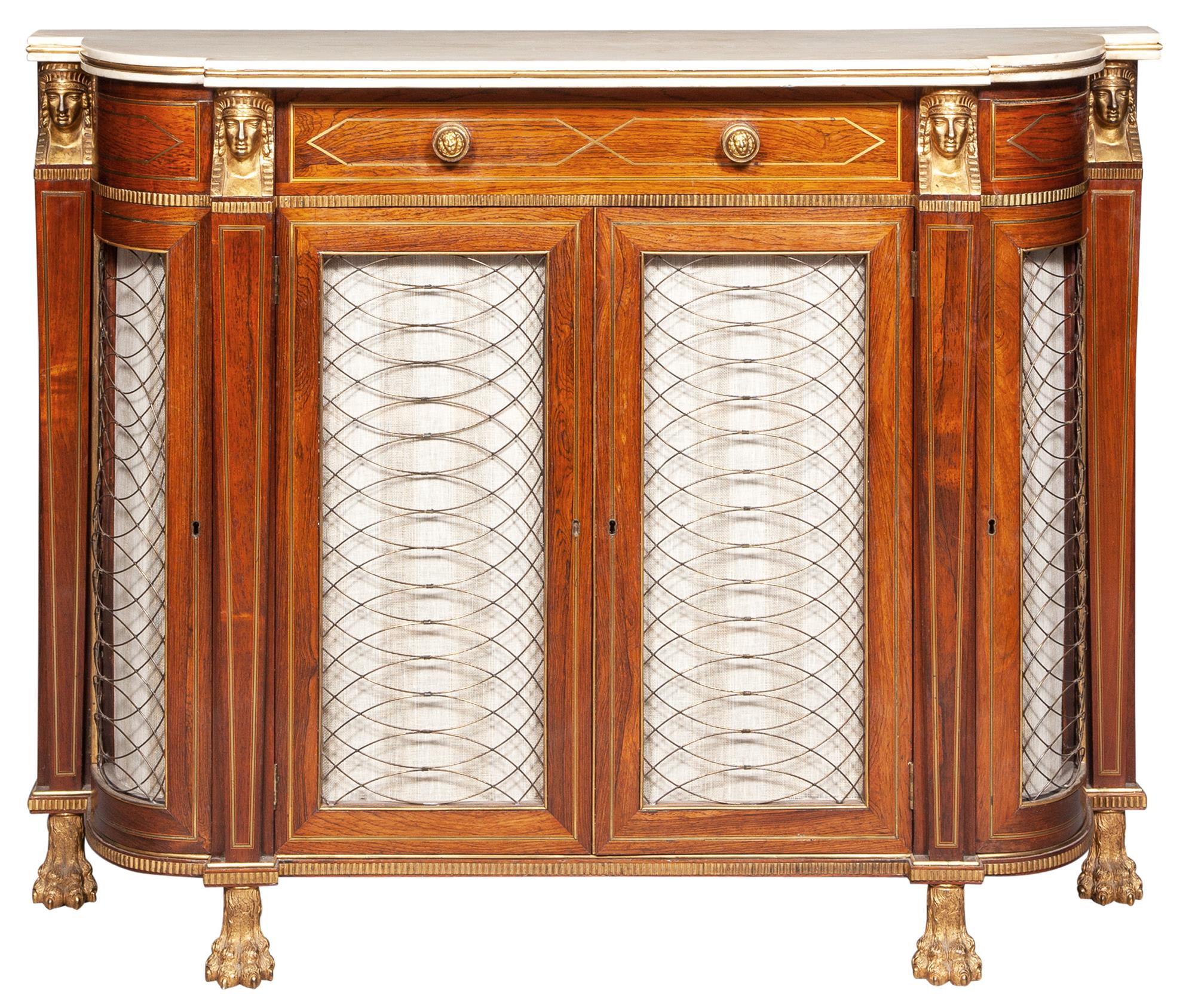 Lot image - Regency Brass-Inlaid and Gilt-Bronze Mounted Rosewood Side Cabinet in the manner of George Oakley