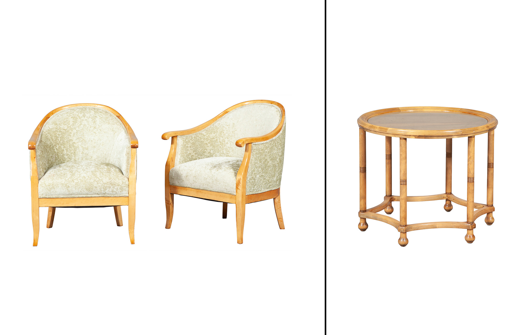 Lot image - Pair of Upholstered Blondewood Tub Chairs