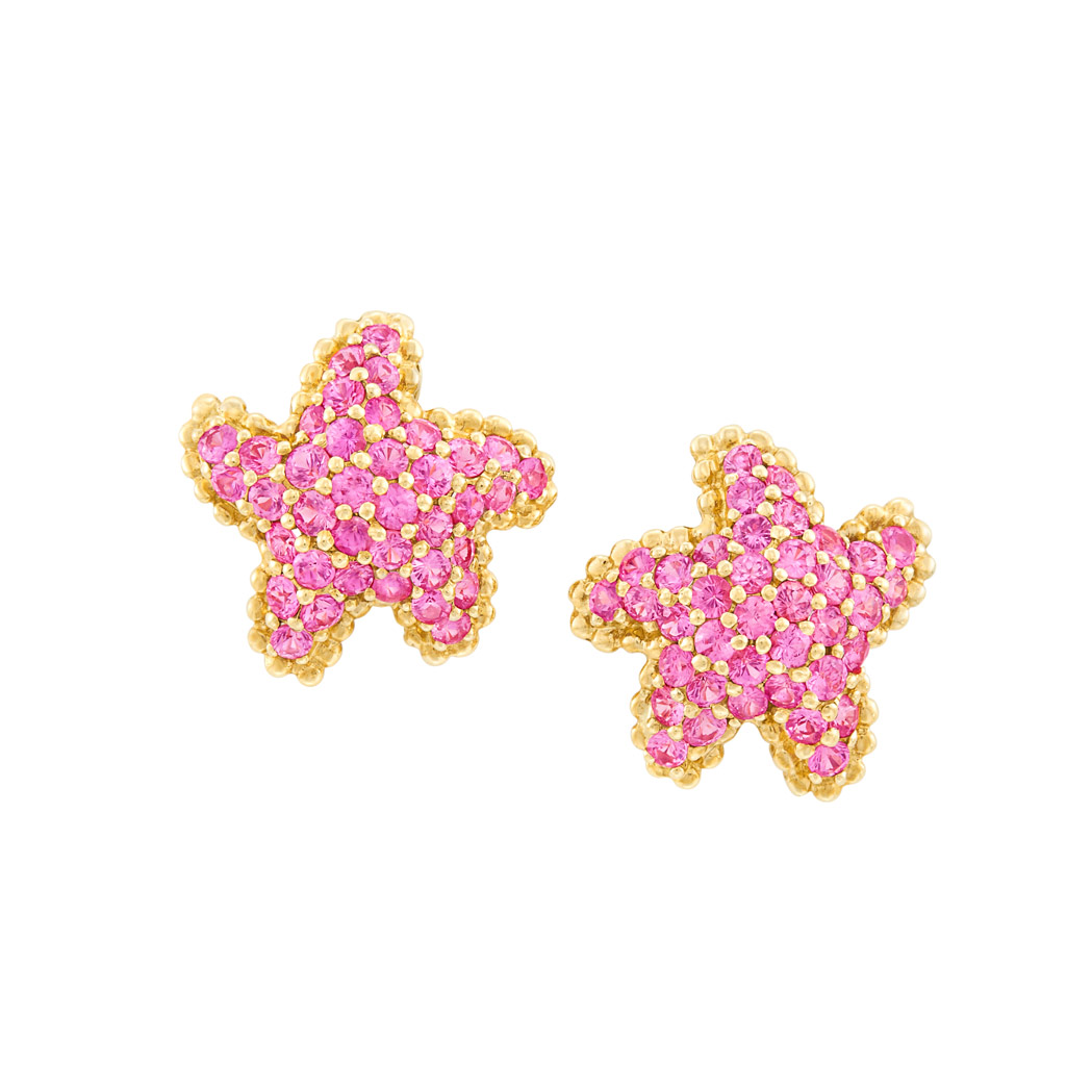 Lot image - Pair of Gold and Pink Sapphire Starfish Earclips