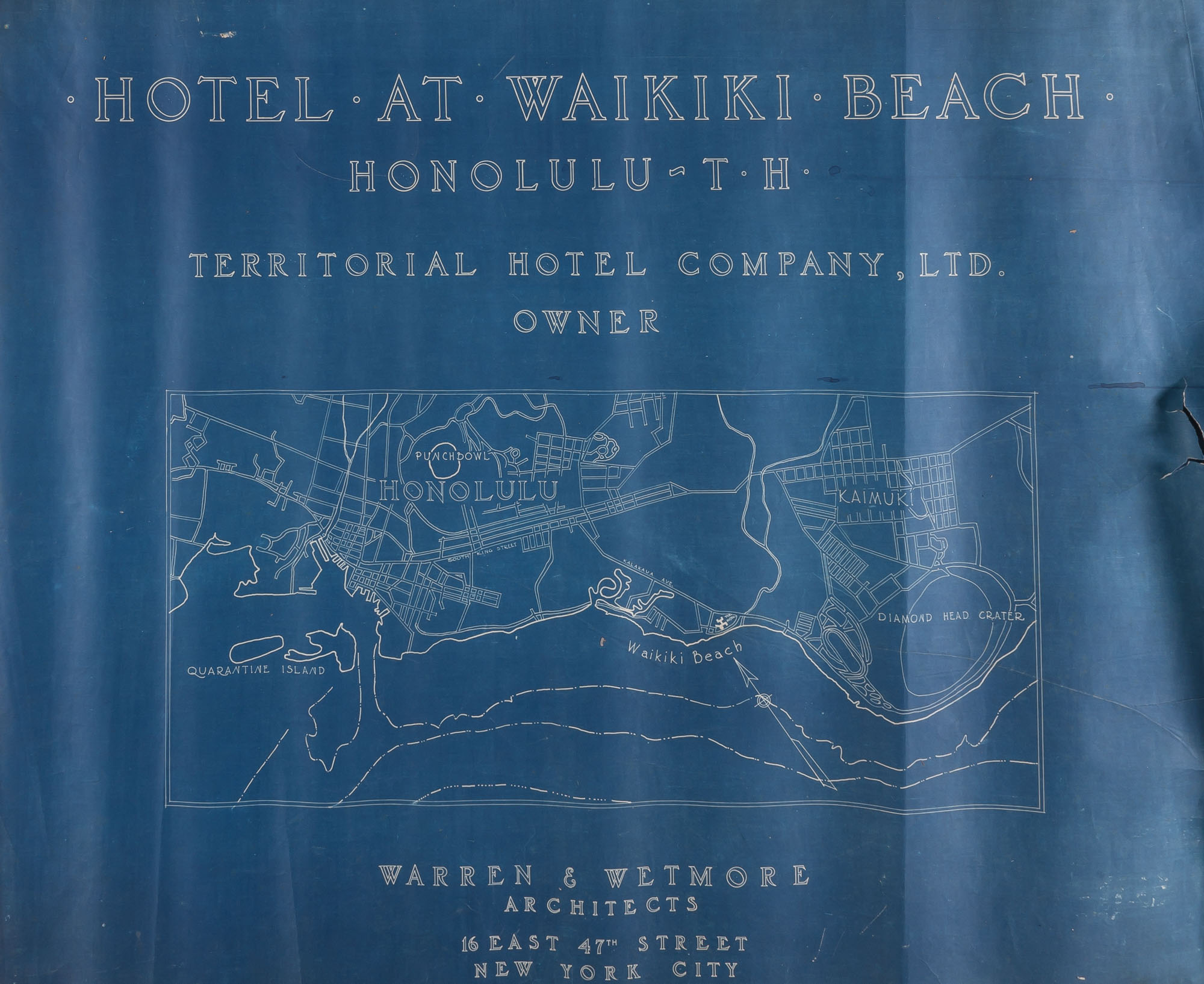 Lot image - [HAWAII]  Large format brad-bound blueprint book depicting the Hotel at Waikiki Beach