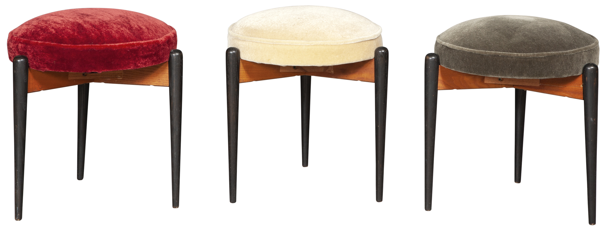 Lot image - Three Upholstered Dark Stained Oak Stools