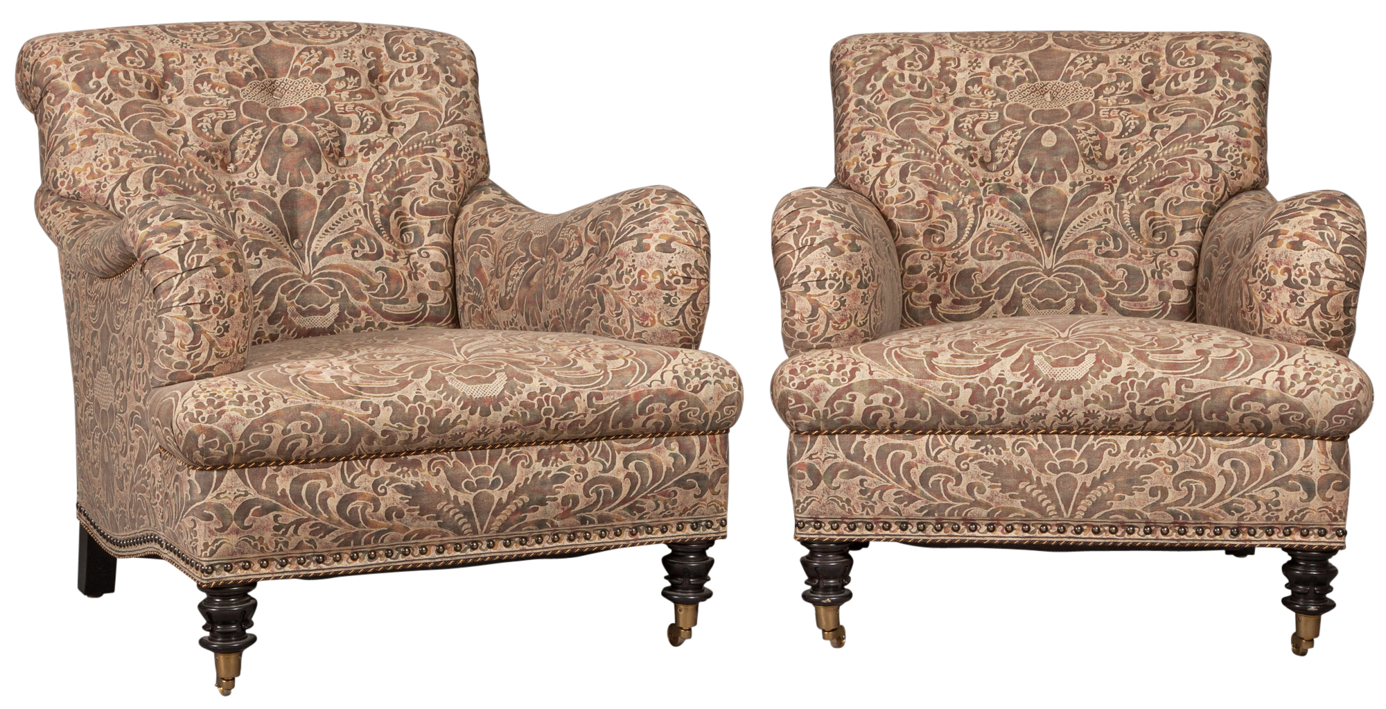 Lot image - Pair of Button-Tufted Club Chairs in Fortuny Fabric