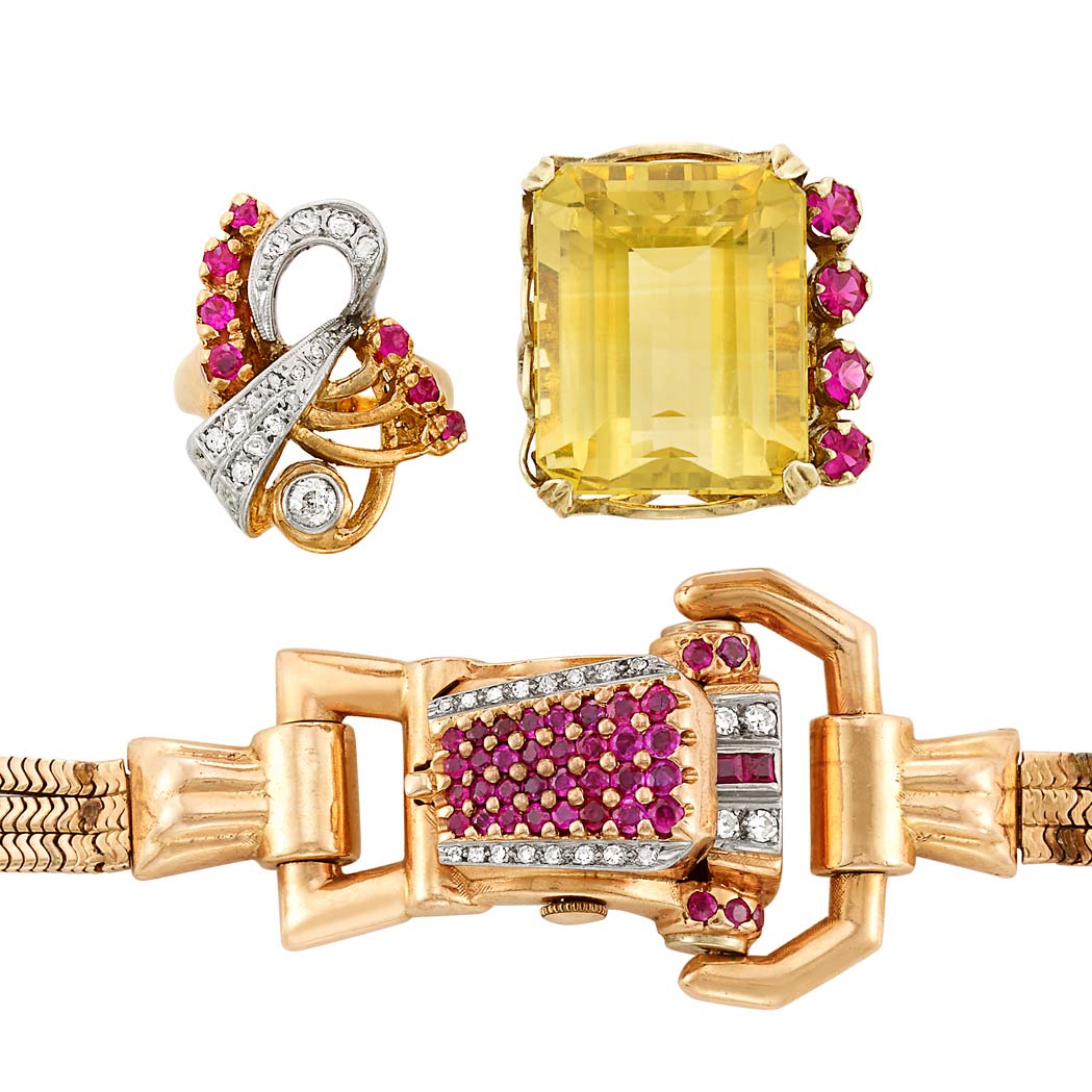 Lot image - Two Retro Tricolor Gold, Diamond, Ruby, Synthetic Ruby and Citrine Rings and Bracelet-Watch
