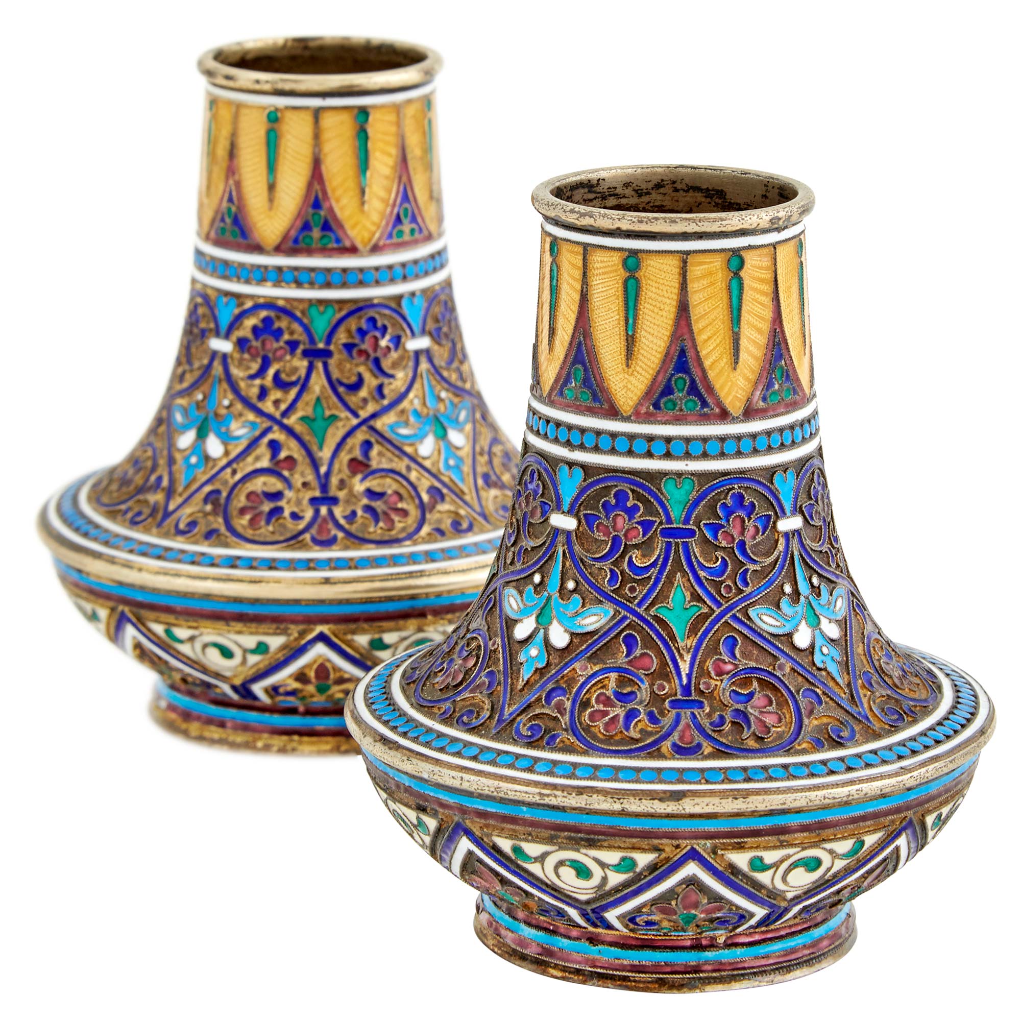 Lot image - Pair of Russian Silver-Gilt Cloisonné and Guilloché Enamel Vases