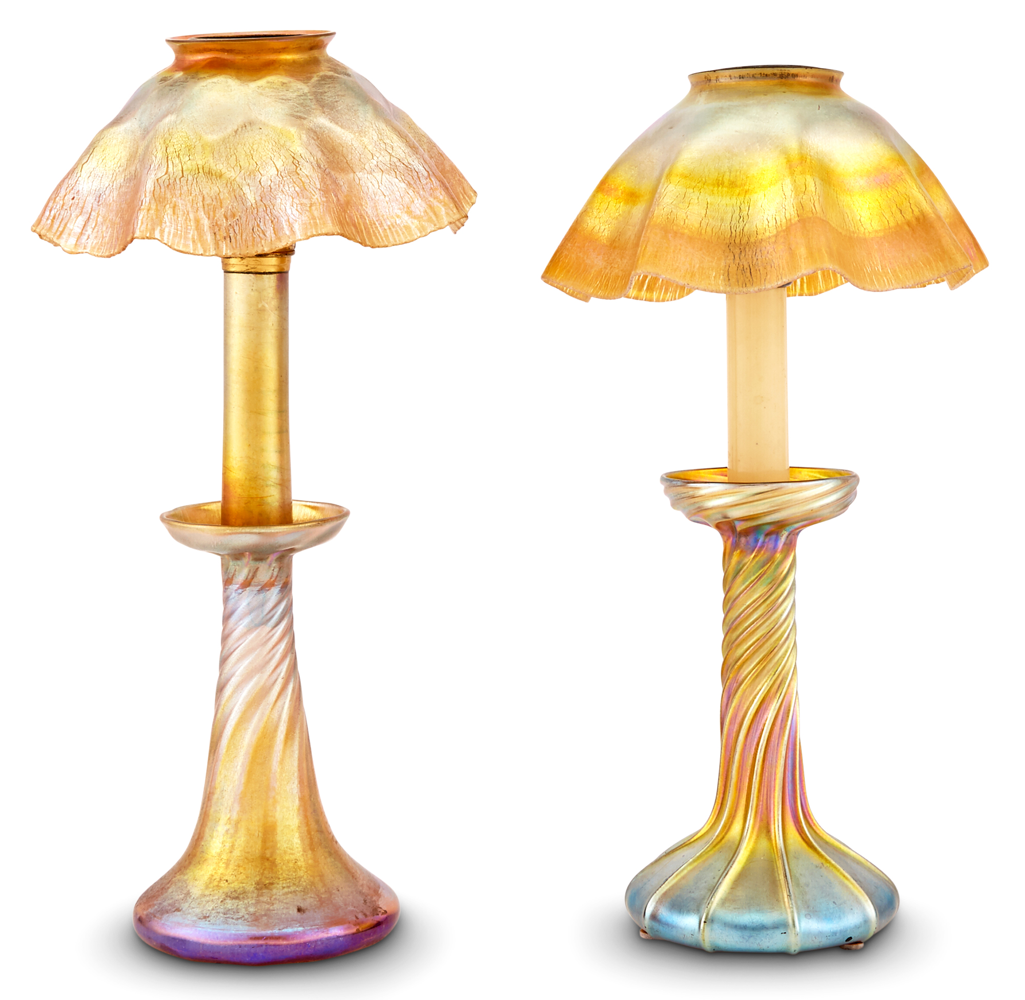 Lot image - Two Tiffany Gold Favrile Glass Candlestick Lamps