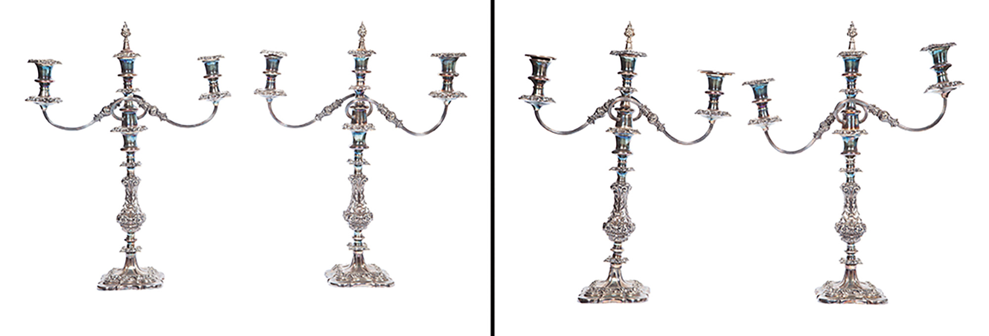 Lot image - Set of Four Regency Style Silver Plated Three-Light Candelabra