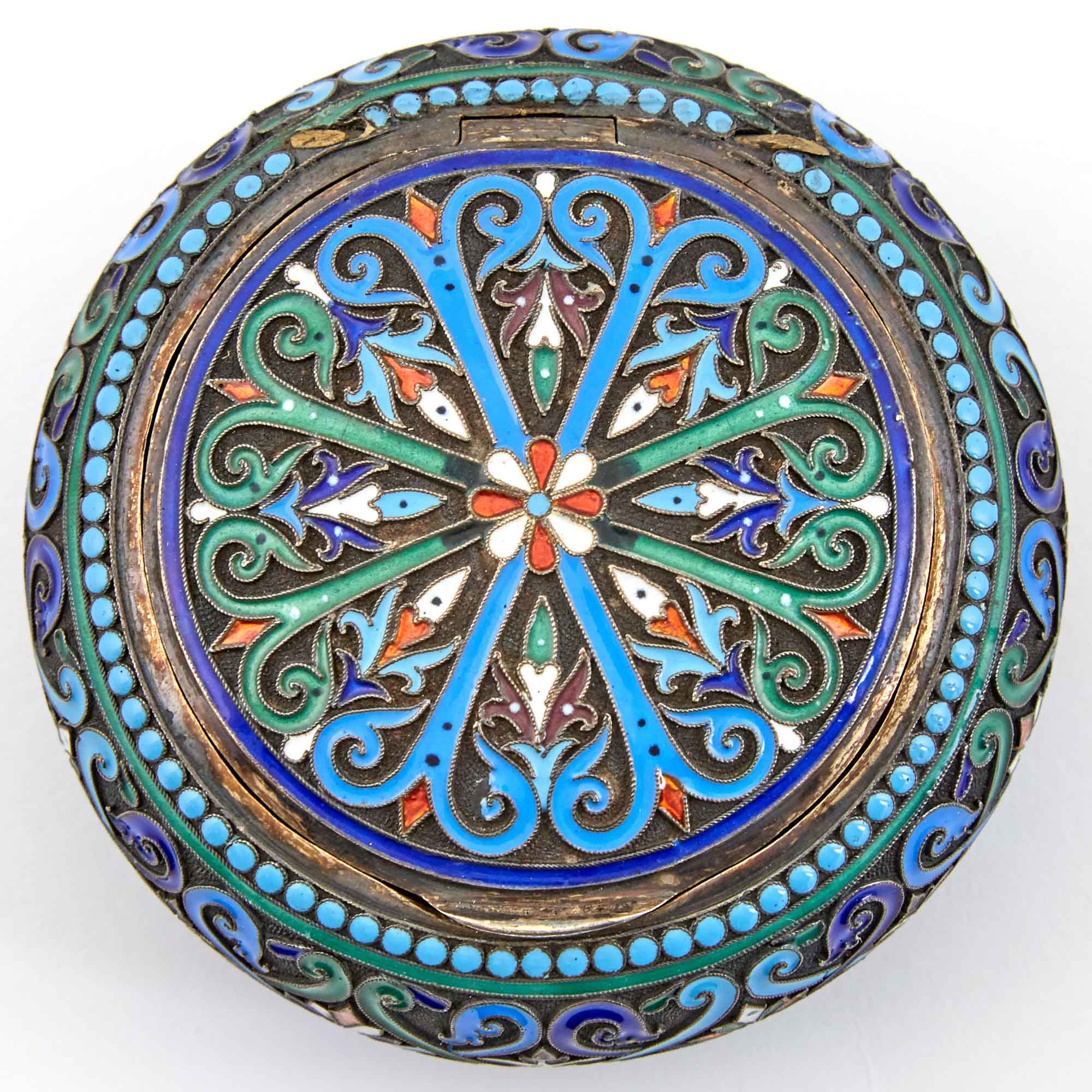 Lot image - Russian Silver-Gilt and Cloisonné Enamel Pill Box