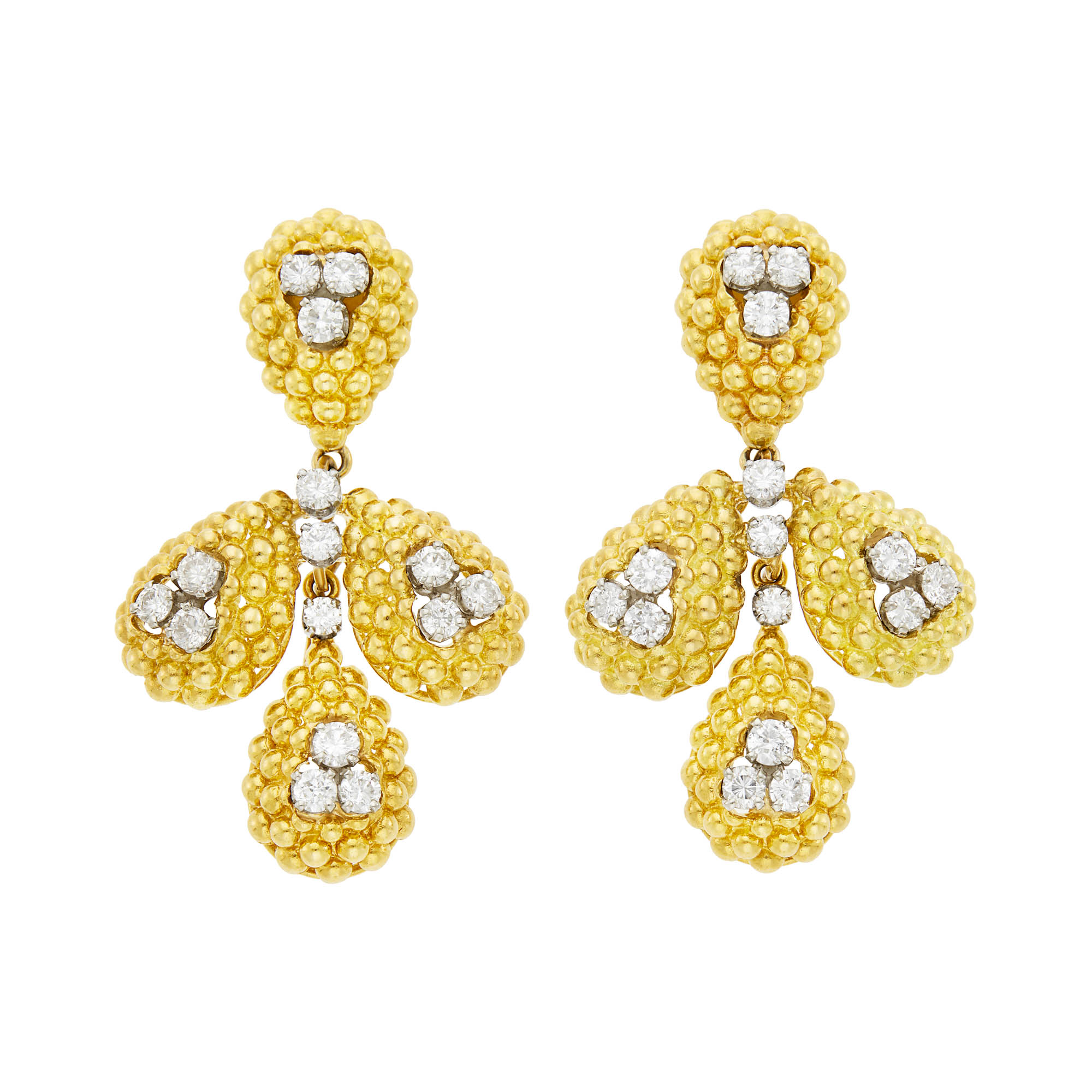 Lot image - Pair of Gold and Diamond Earrings with Three Pairs of Two-Color Gold, Diamond and Fluted Coral and Diamond Pendants
