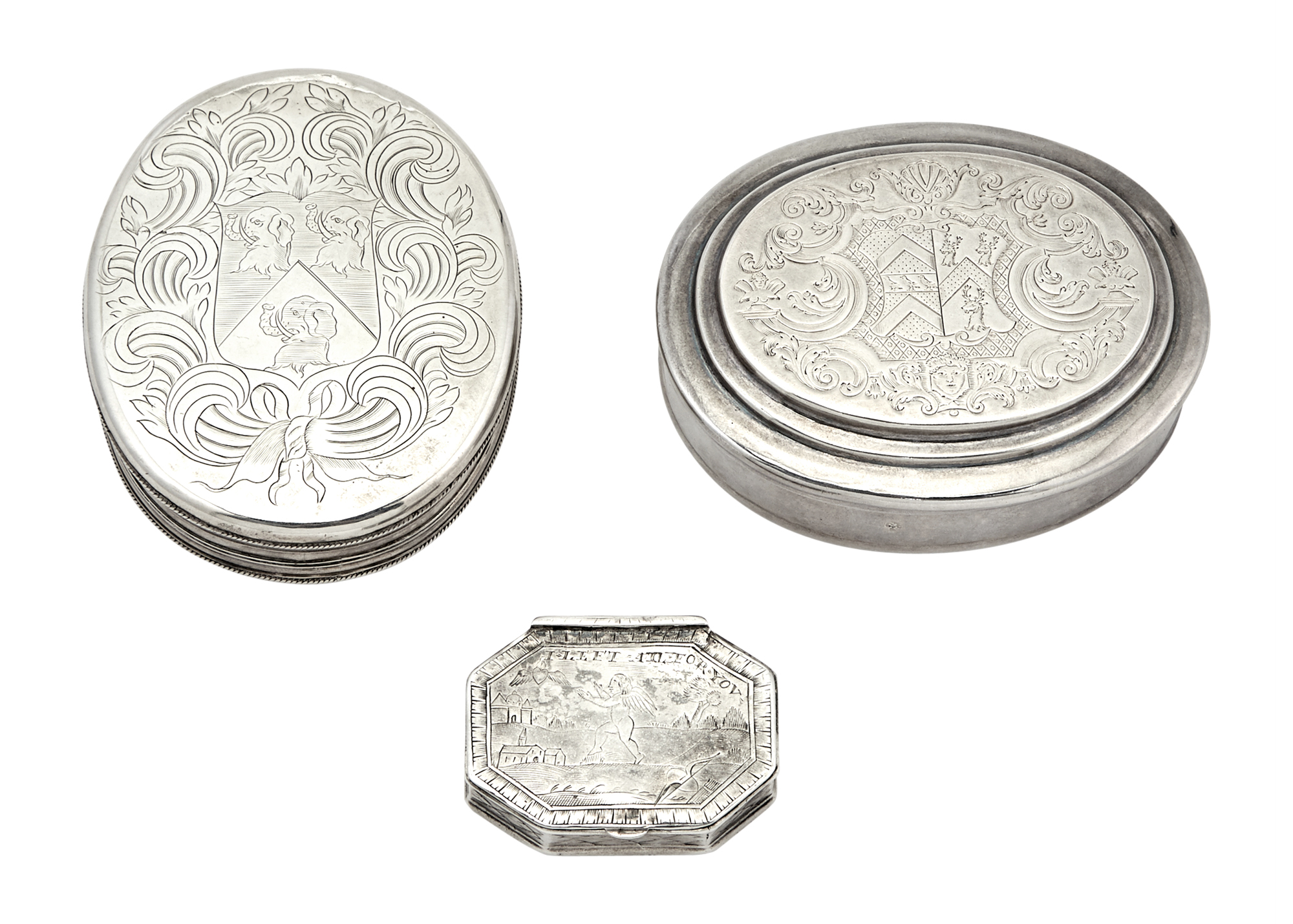 Lot image - Three Early 18th Century English Sterling Silver Tobacco Boxes
