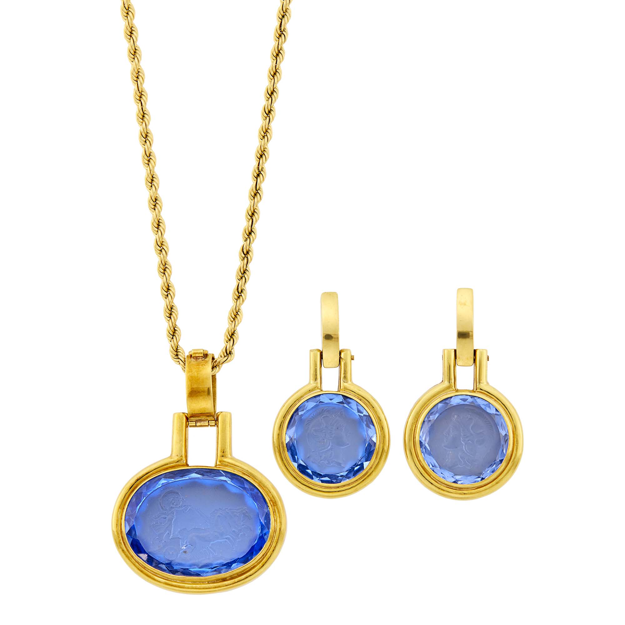 Lot image - Gold, Blue Glass Cameo Enhancer with Gold Chain Necklace and Pair of Pendant-Earrings