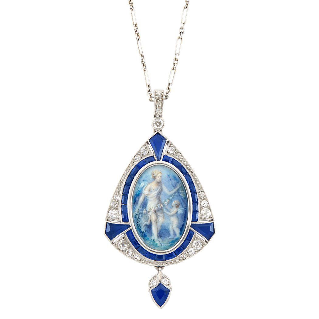 Lot image - Art Deco Platinum, Sapphire, Diamond, 'Grace and Cupid' Painted Miniature Pendant and Chain, France