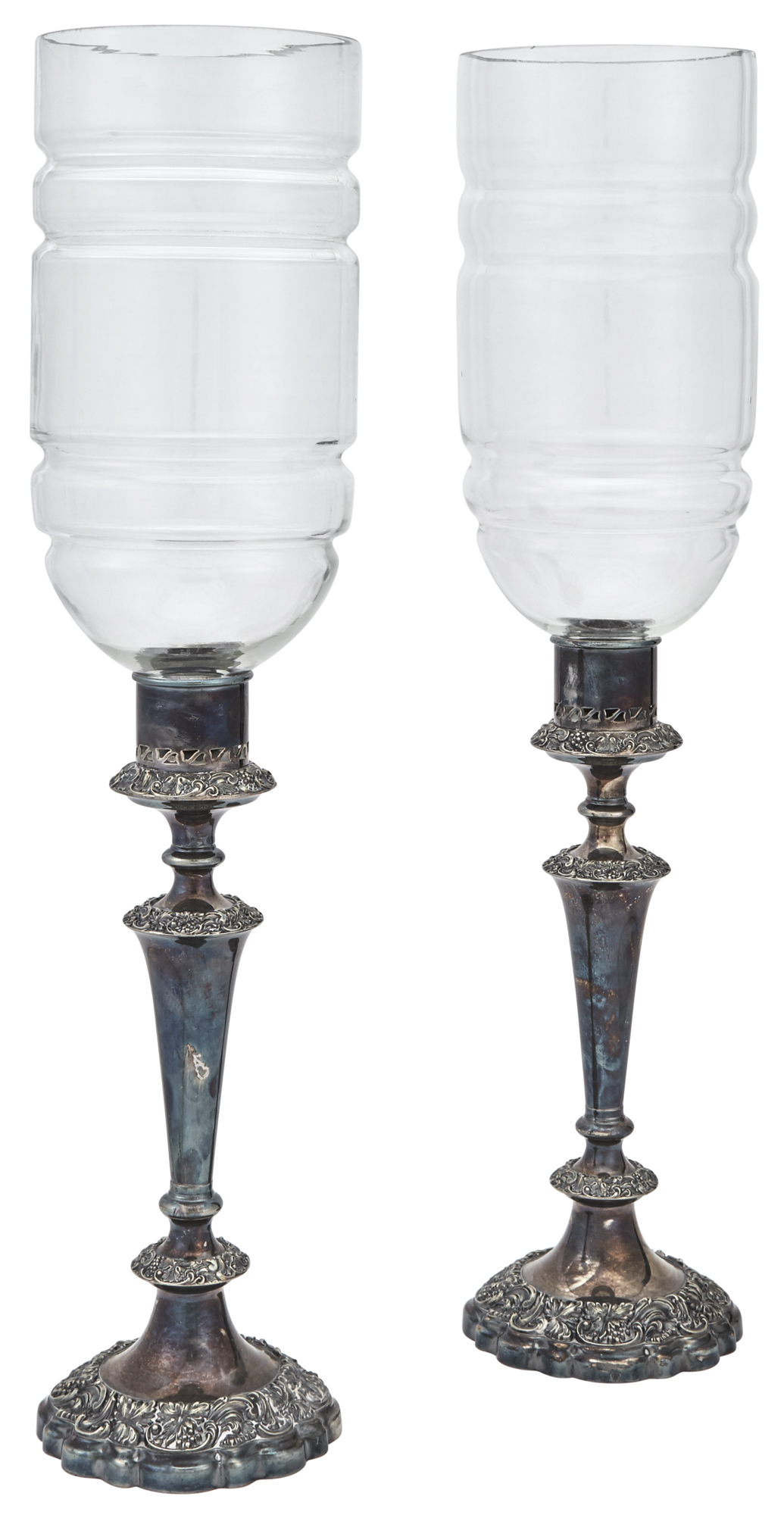 Lot image - Pair of Regency Style Silver Plated Candlesticks with Glass Hurricane Shades