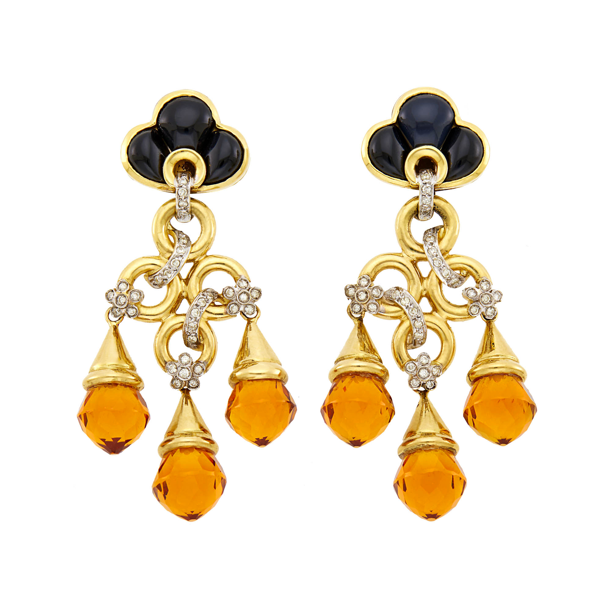 Lot image - Pair of Two-Color Gold, Black Onyx, Citrine and Diamond Pendant-Earclips