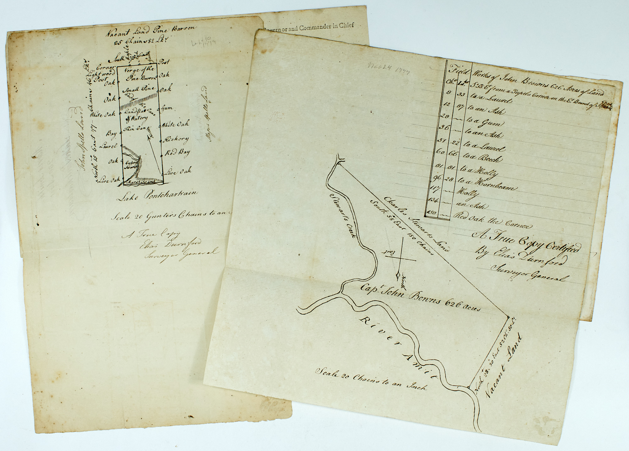 Lot image - [WEST FLORIDA]  CHESTER, PETER. Three crudely printed land grants for West Florida, each engrossed in manuscript, with an attached manuscript survey map.