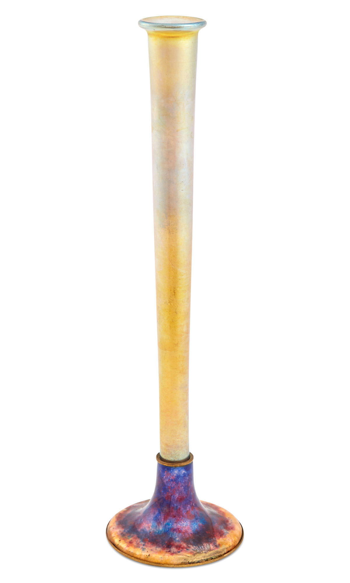 Lot image - Louis C. Tiffany Furnaces, Inc., Gold Favrile Glass and Enameled Metal Stick Neck Bud Vase