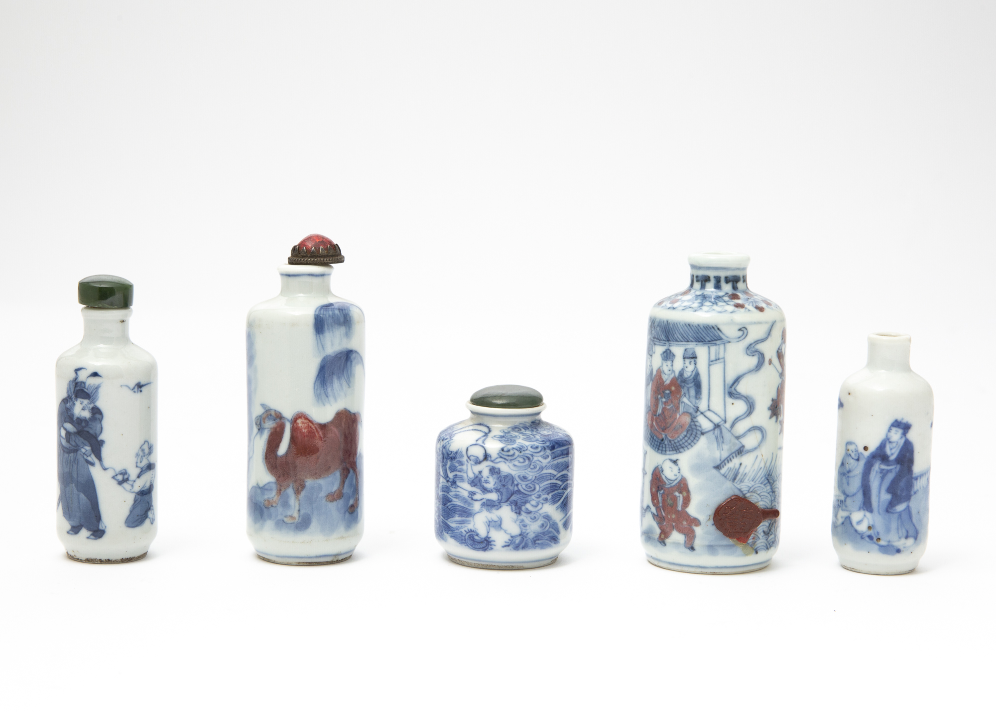 Lot image - Five Chinese Blue and White Porcelain Snuff Bottles