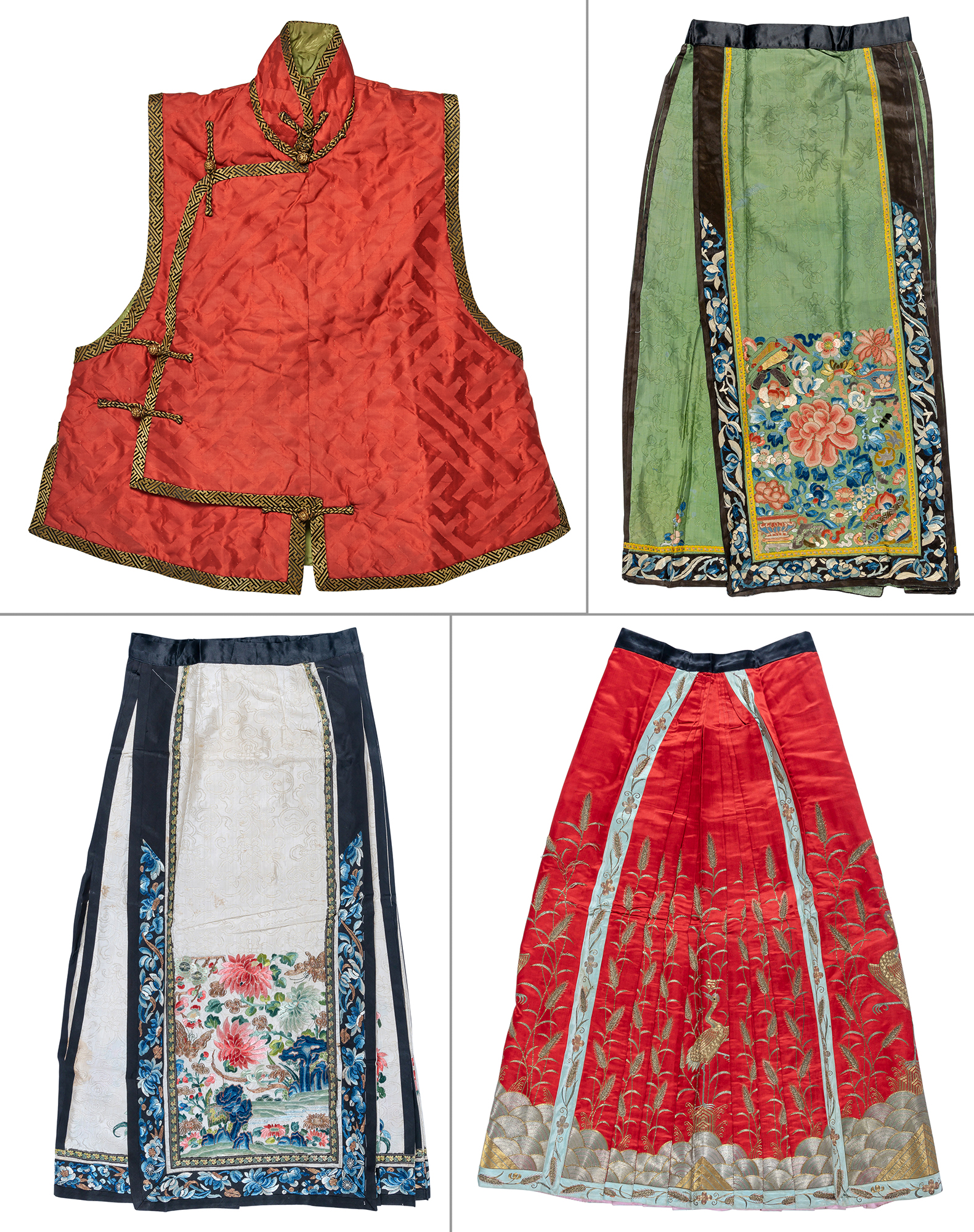 Lot image - Three Chinese Embroidered Silk Skirts and Red Quilted Silk Vest