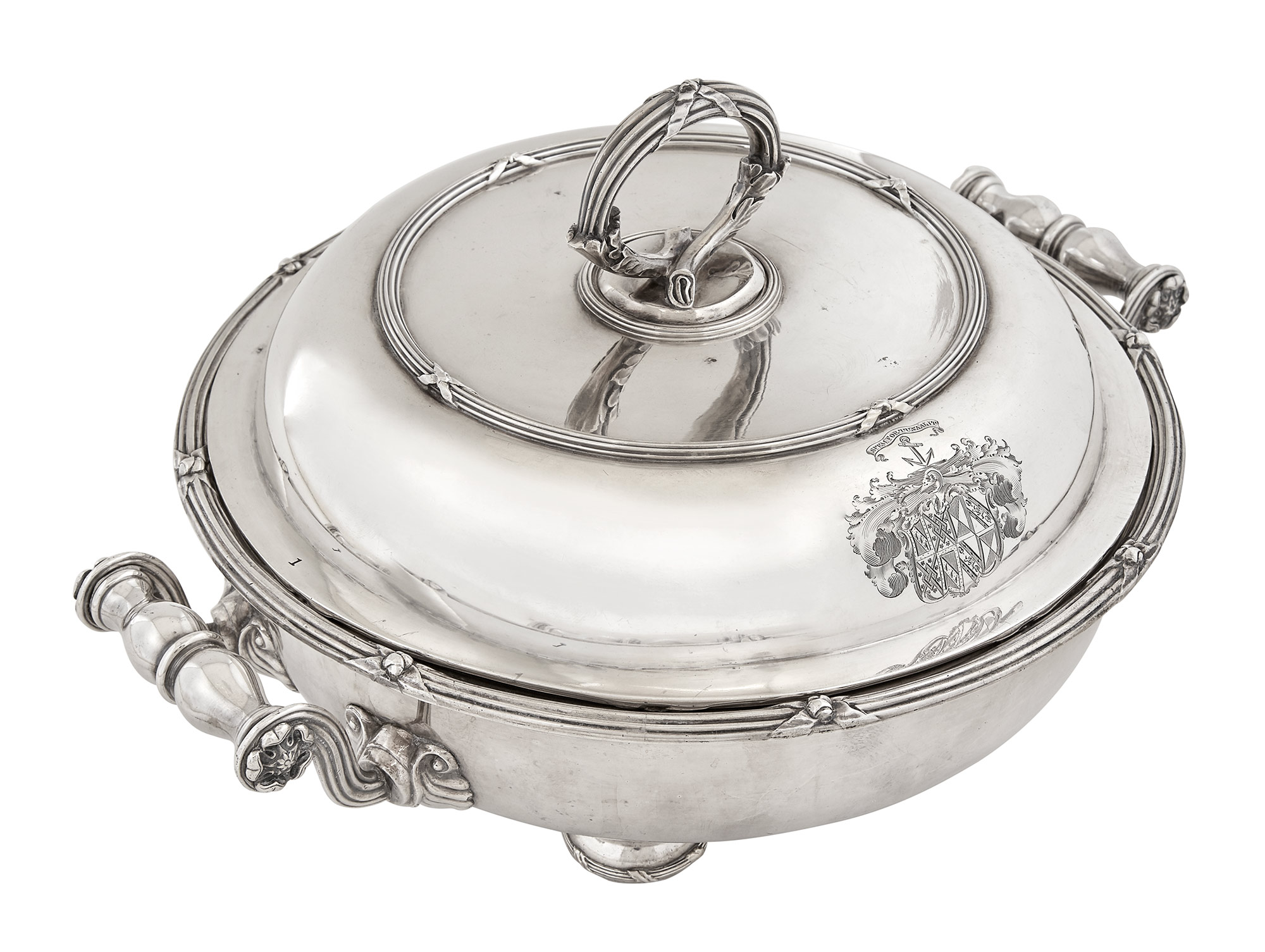 Lot image - George IV Sterling Silver Covered Entrée Dish on Sheffield Plate Warming Stand