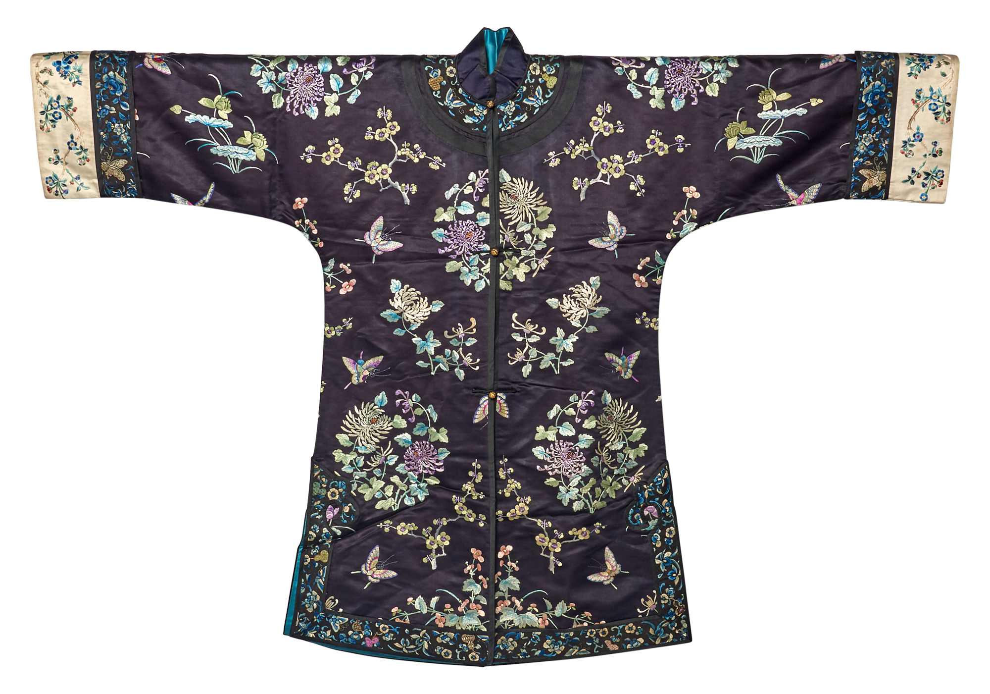 Lot image - An Embroidered Chinee Blue Ground Silk Ladys Robe