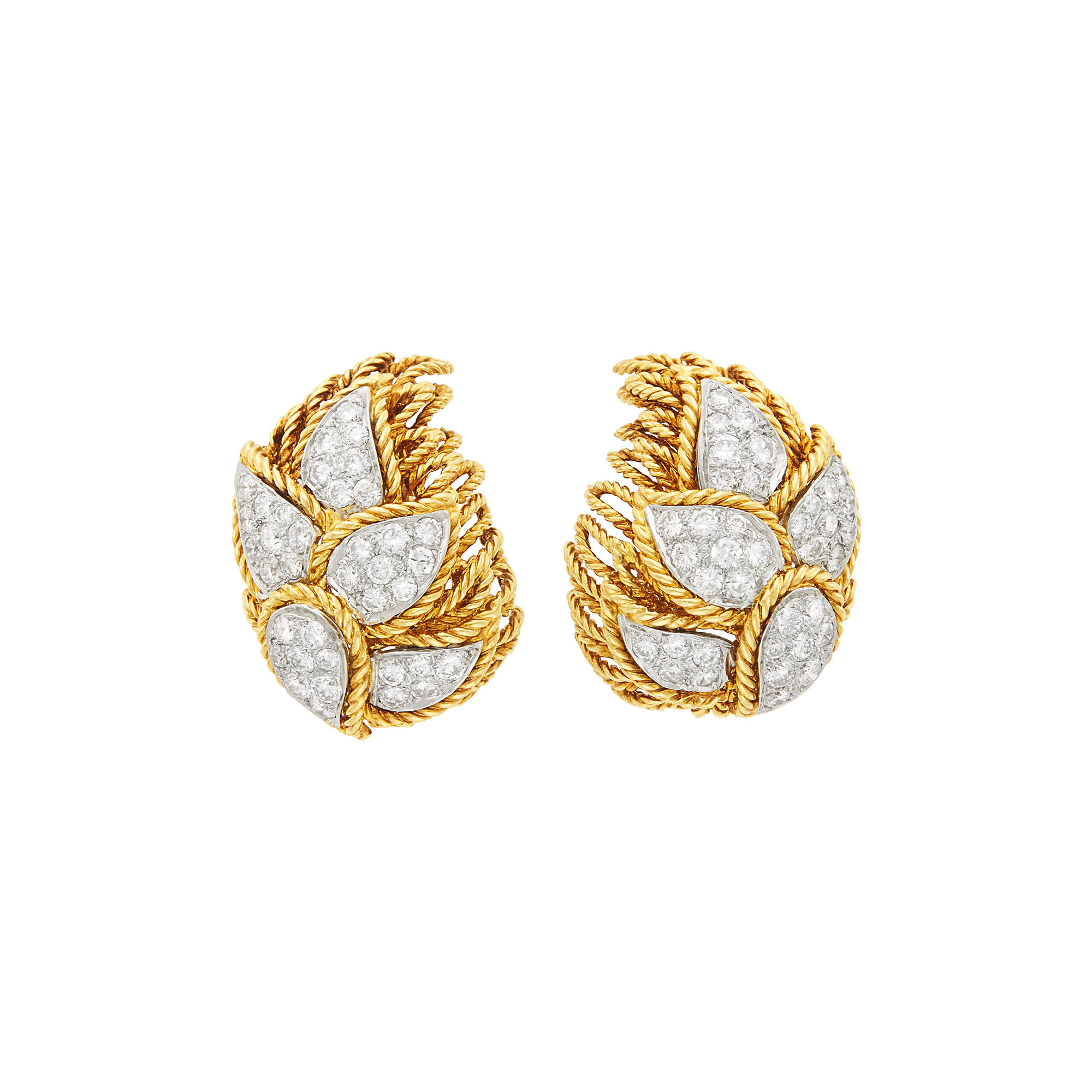 Lot image - Van Cleef & Arpels Pair of Gold, Platinum and Diamond Leaf Earclips