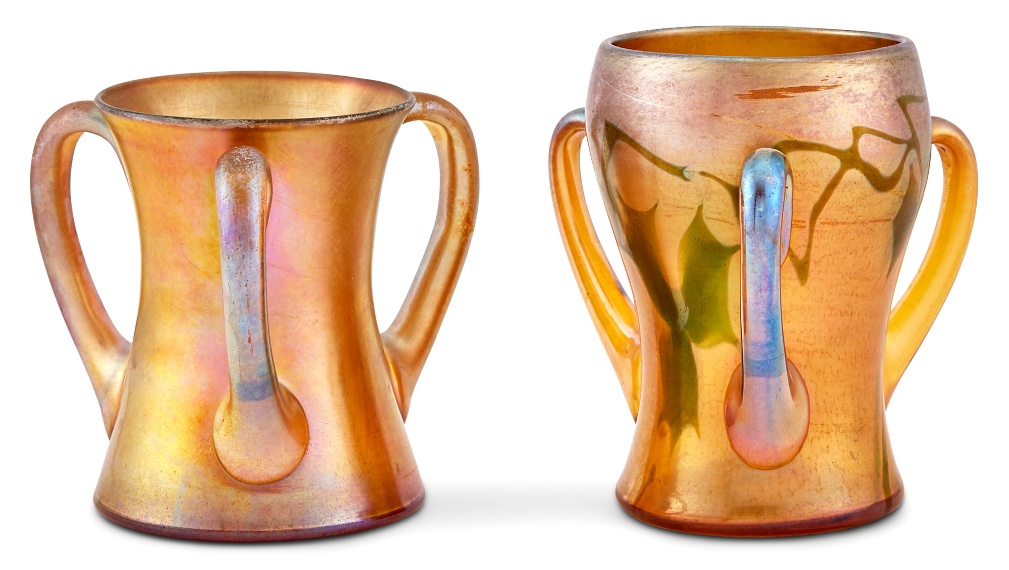 Lot image - Two Tiffany Favrile Glass Three-Handled Vases