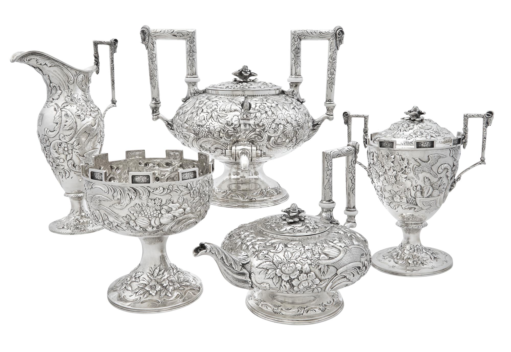 Lot image - Early Samuel Kirk Silver Five Piece Tea Service