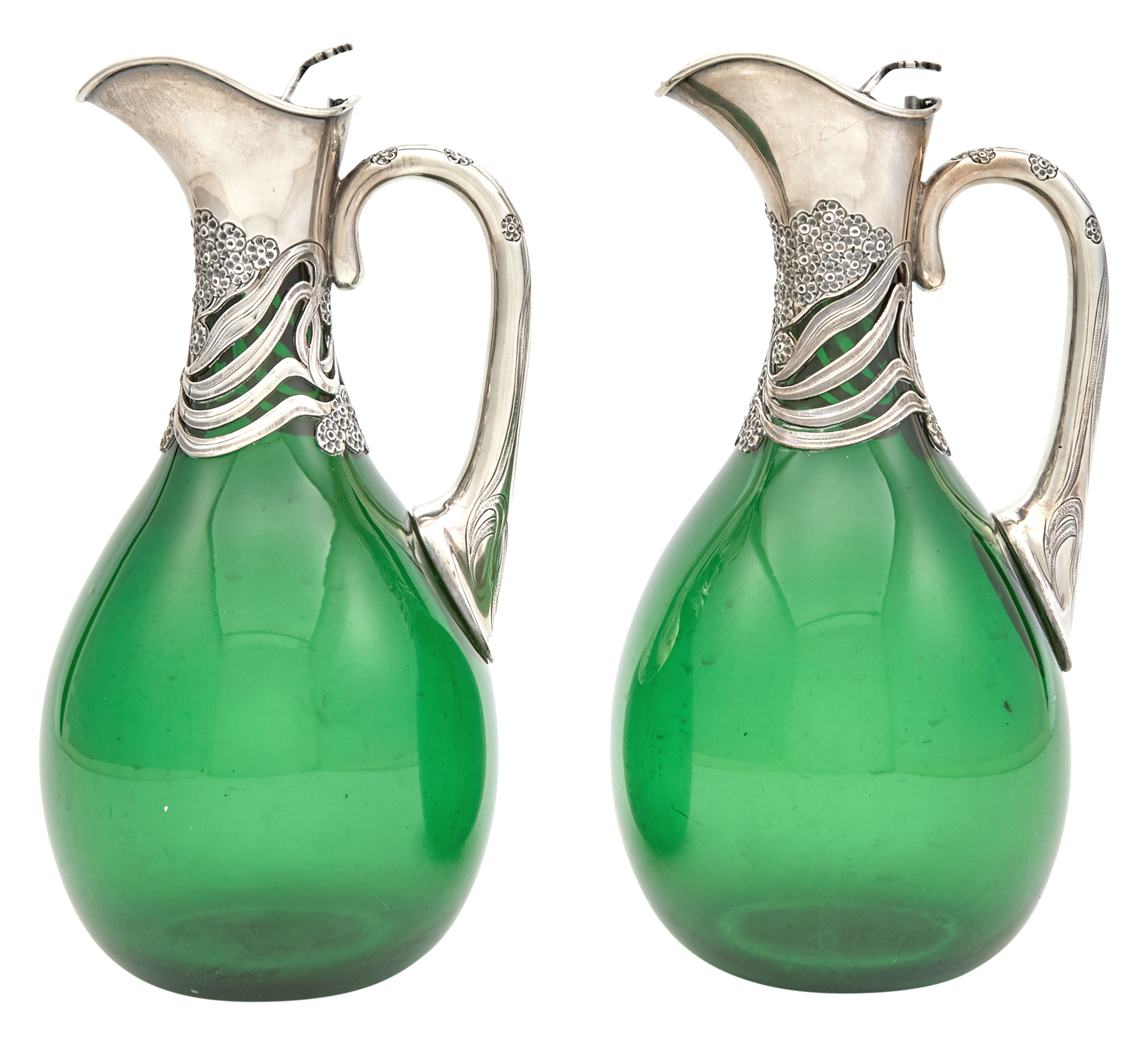Lot image - Pair of Edward VII Silver Mounted Green Glass Claret Jugs