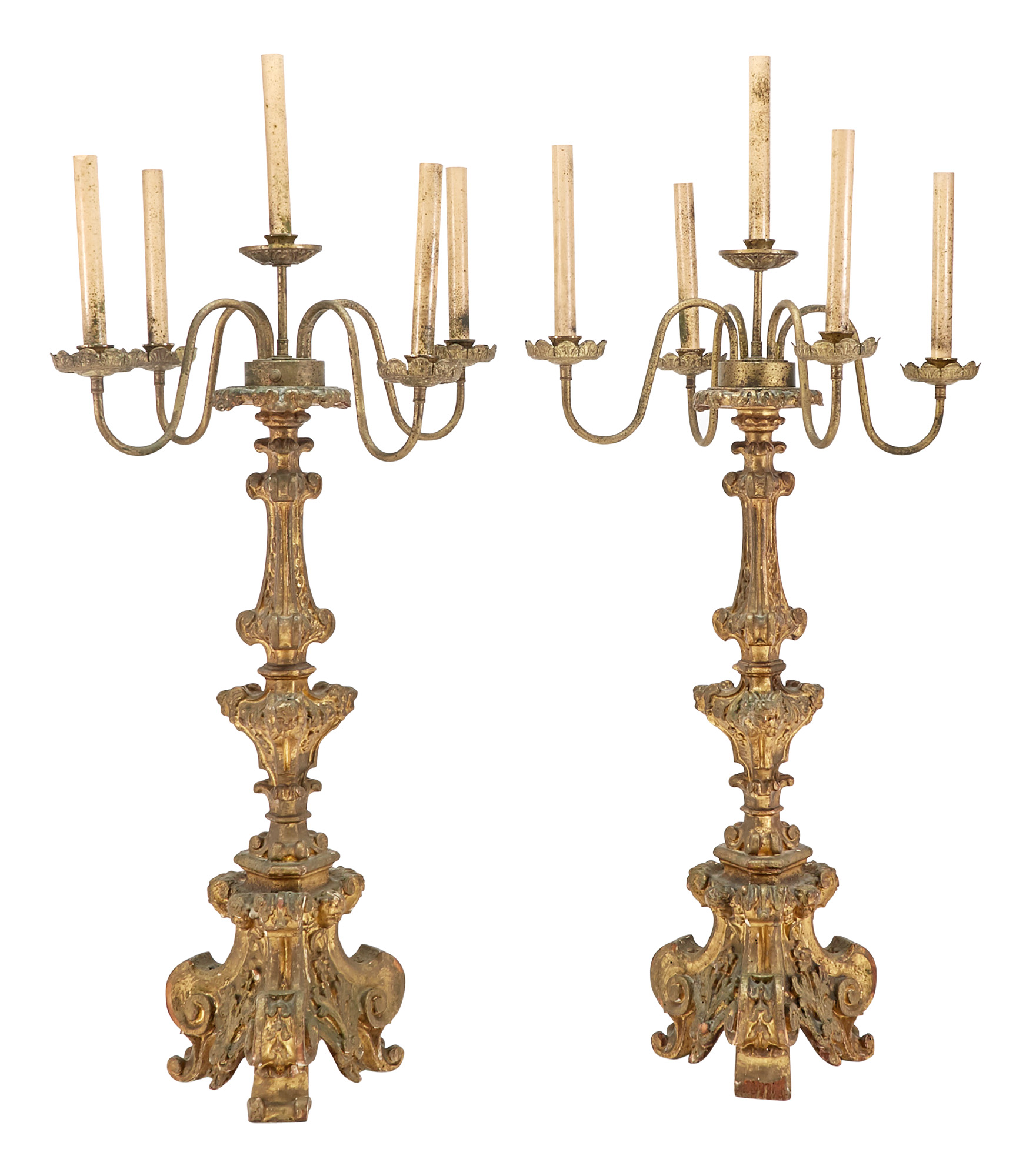 Lot image - Pair of Italian Baroque Style Giltwood Candlesticks