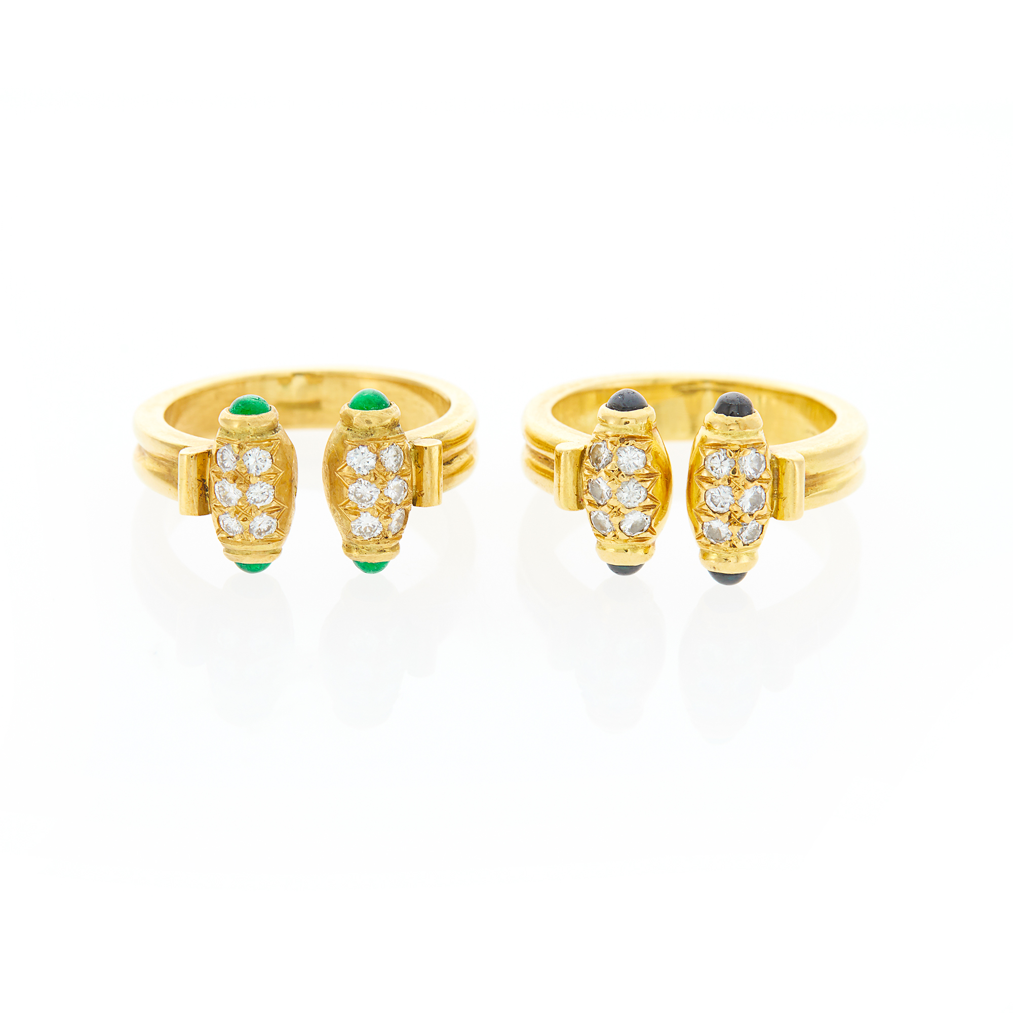 Lot image - Pair of Gold, Diamond and Cabochon Sapphire and Emerald Rings