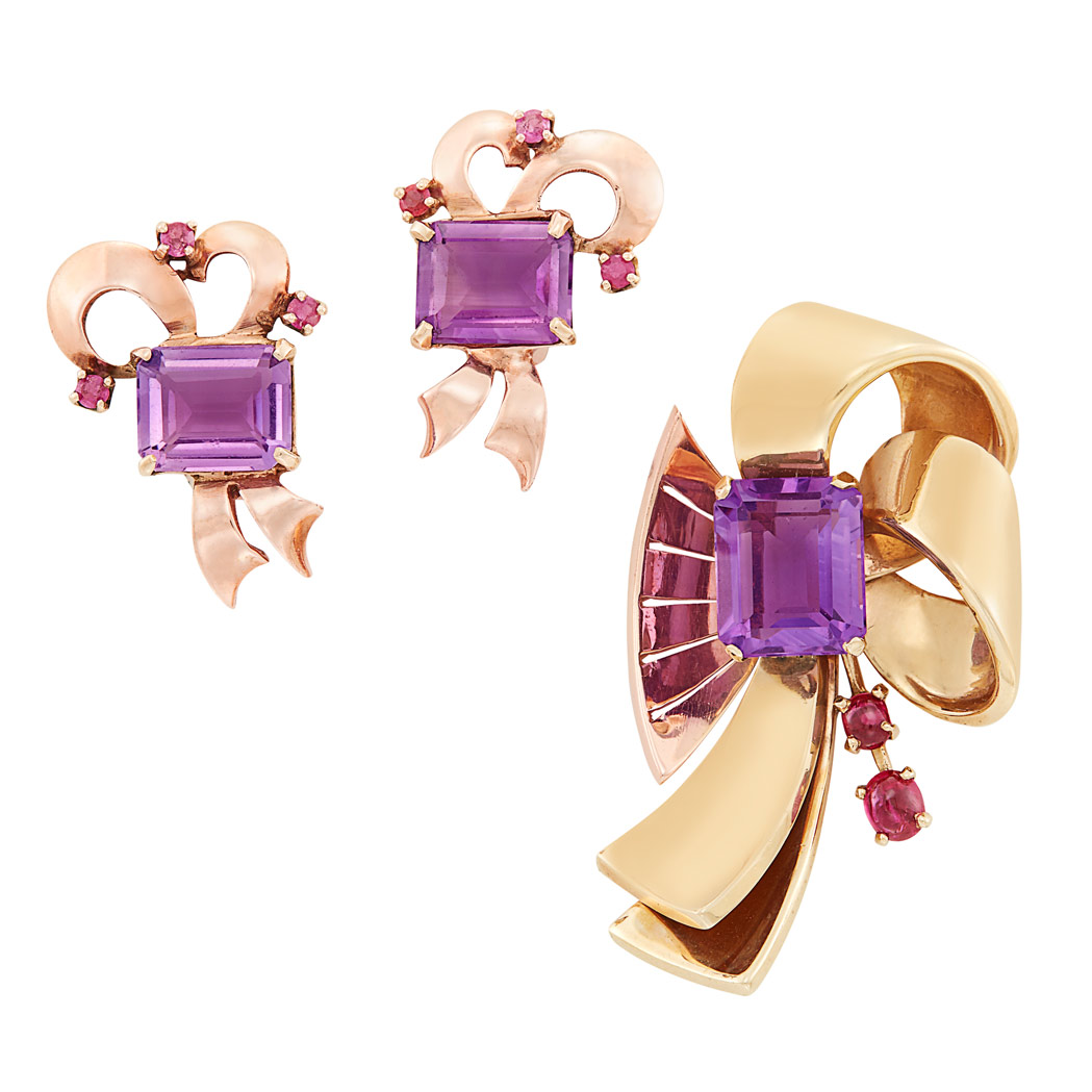 Lot image - Retro Two-Color Gold, Amethyst and Ruby Brooch and Pair of Earclips