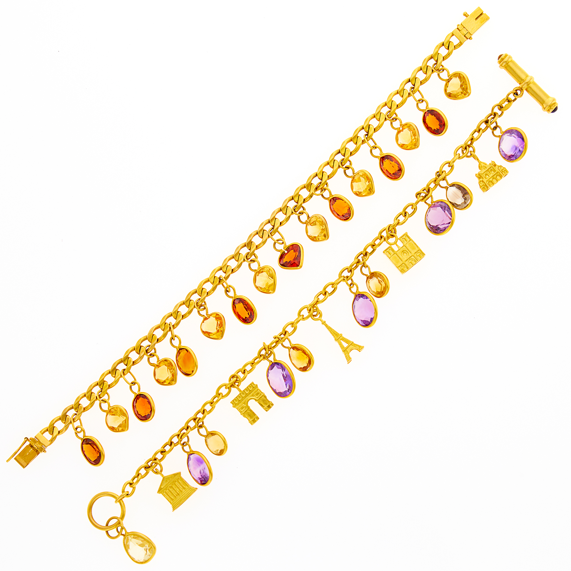 Lot image - Two Gold and Colored Stone Charm Bracelets