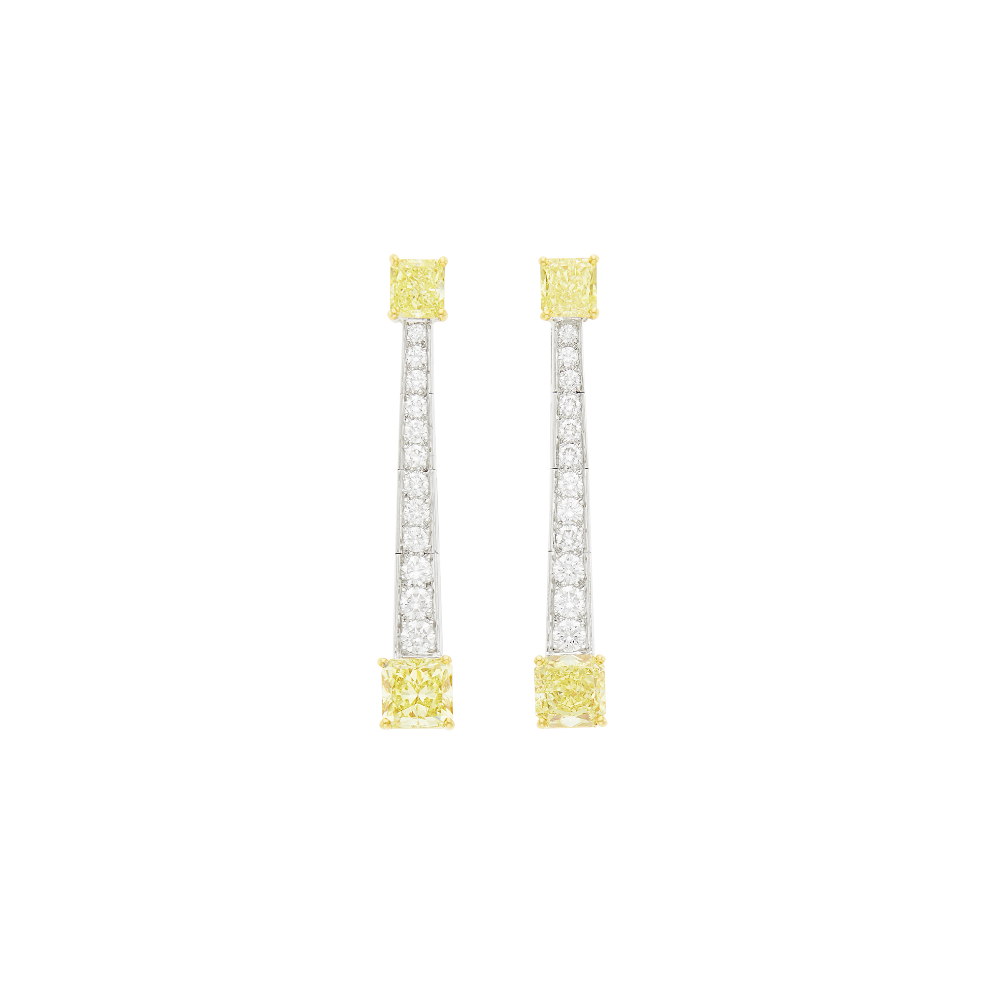 Lot image - Ritz Pair of Two-Color Gold, Fancy Intense Yellow Diamond and Diamond Pendant-Earrings