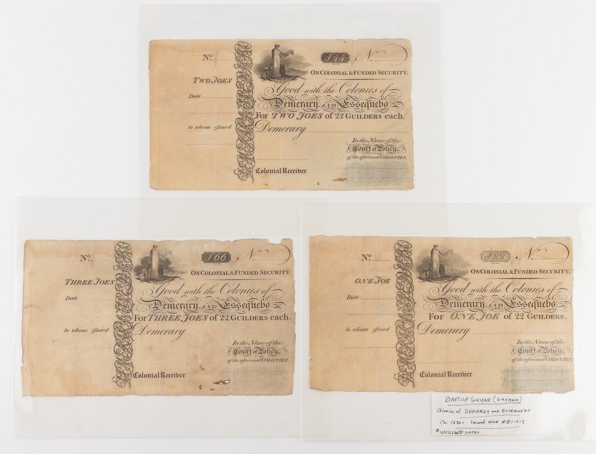 Lot image - British Guiana 1830 Second Issue Notes  KM B1-3