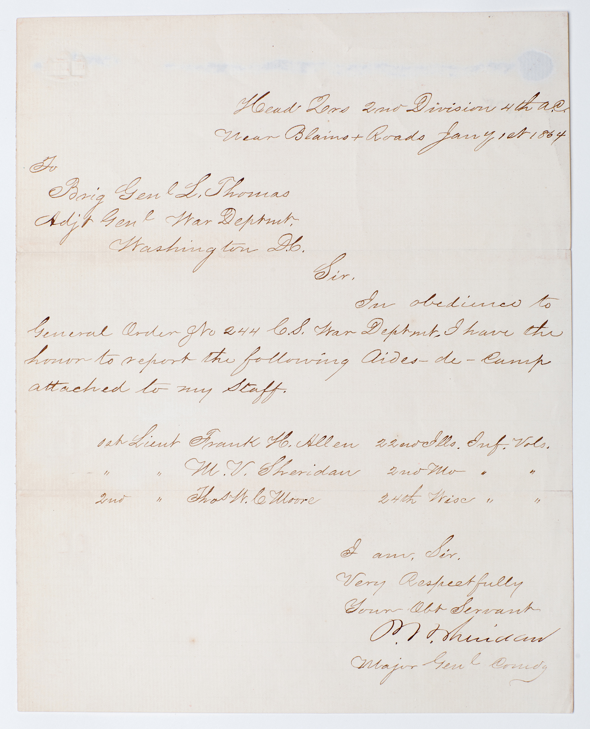 Lot image - [CIVIL WAR]  SHERIDAN, PHILIP. War date letter signed attaching his brother to his staff as aide-de-camp.