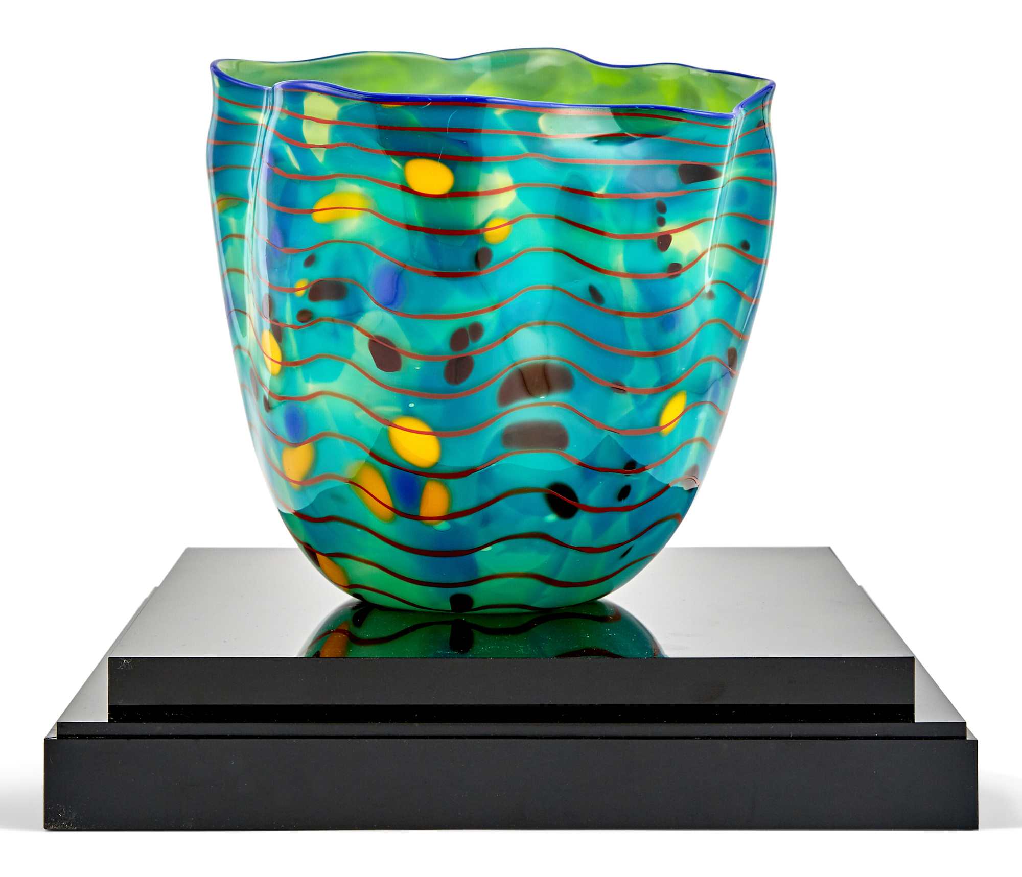 Lot image - Dale Chihuly Blown Glass Ocean Macchia Basket With Cobalt Blue Lip Wrap