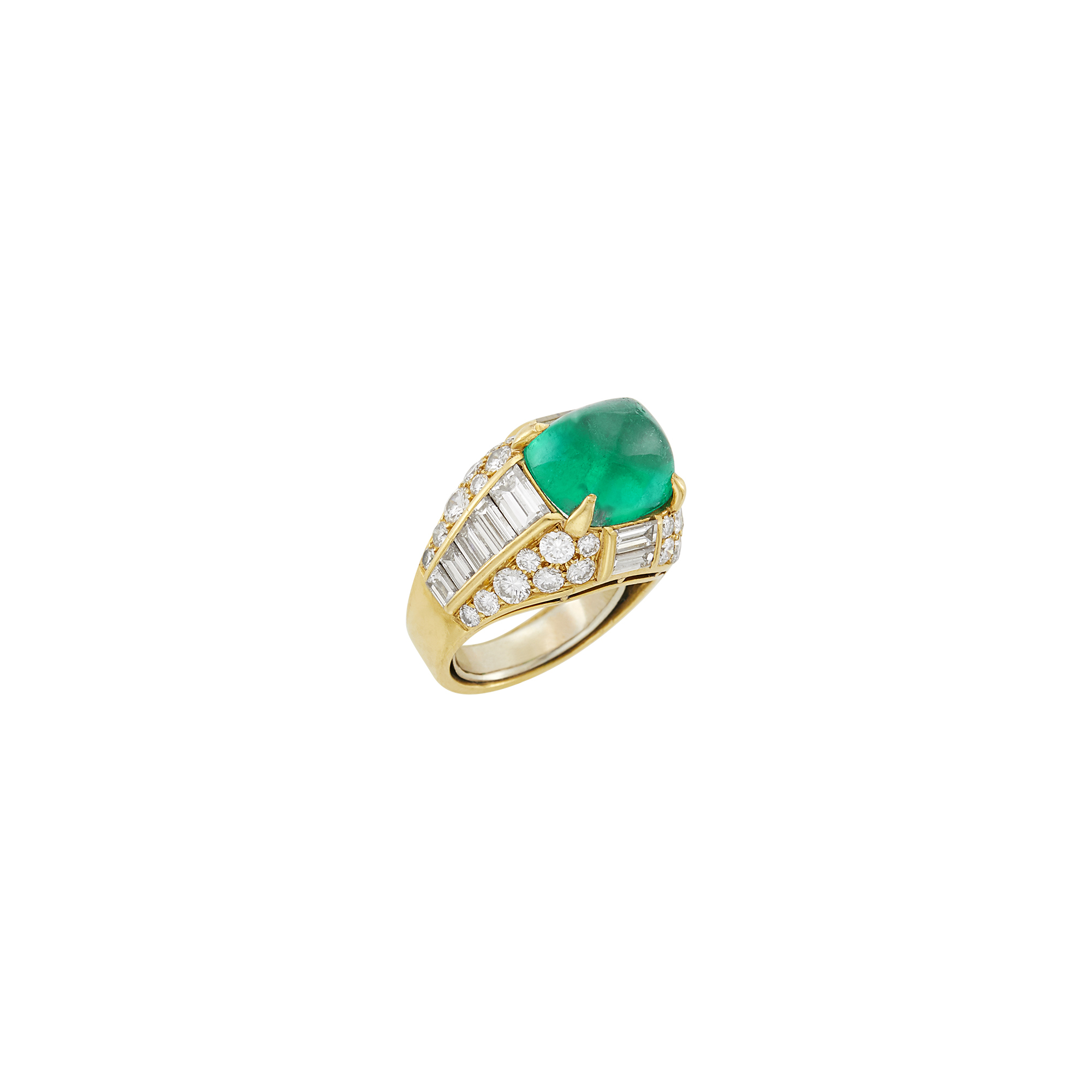 Lot image - Gold, Cabochon Emerald and Diamond Ring, France