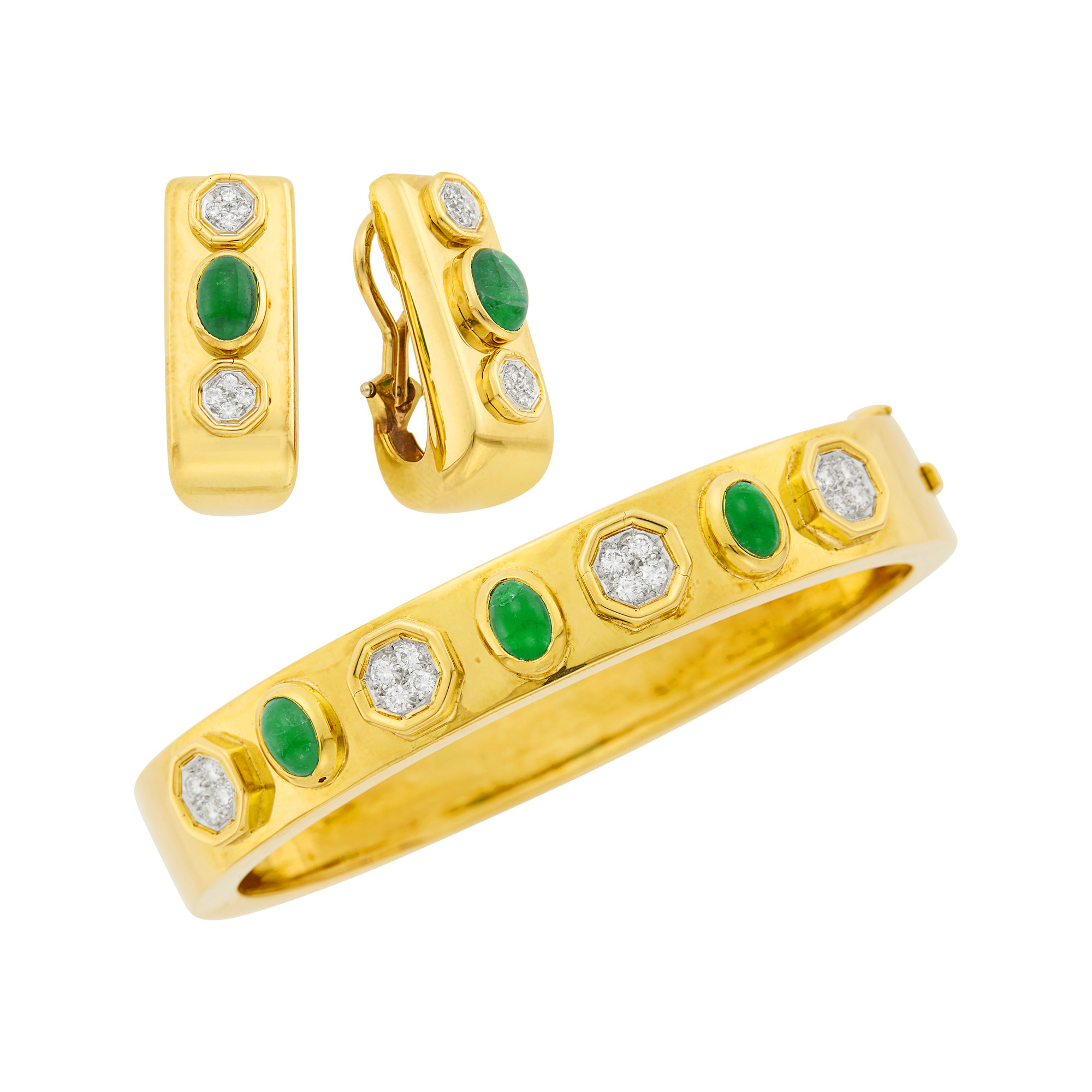 Lot image - Gold, Platinum, Cabochon Emerald and Diamond Bangle Bracelet and Pair of Earclips