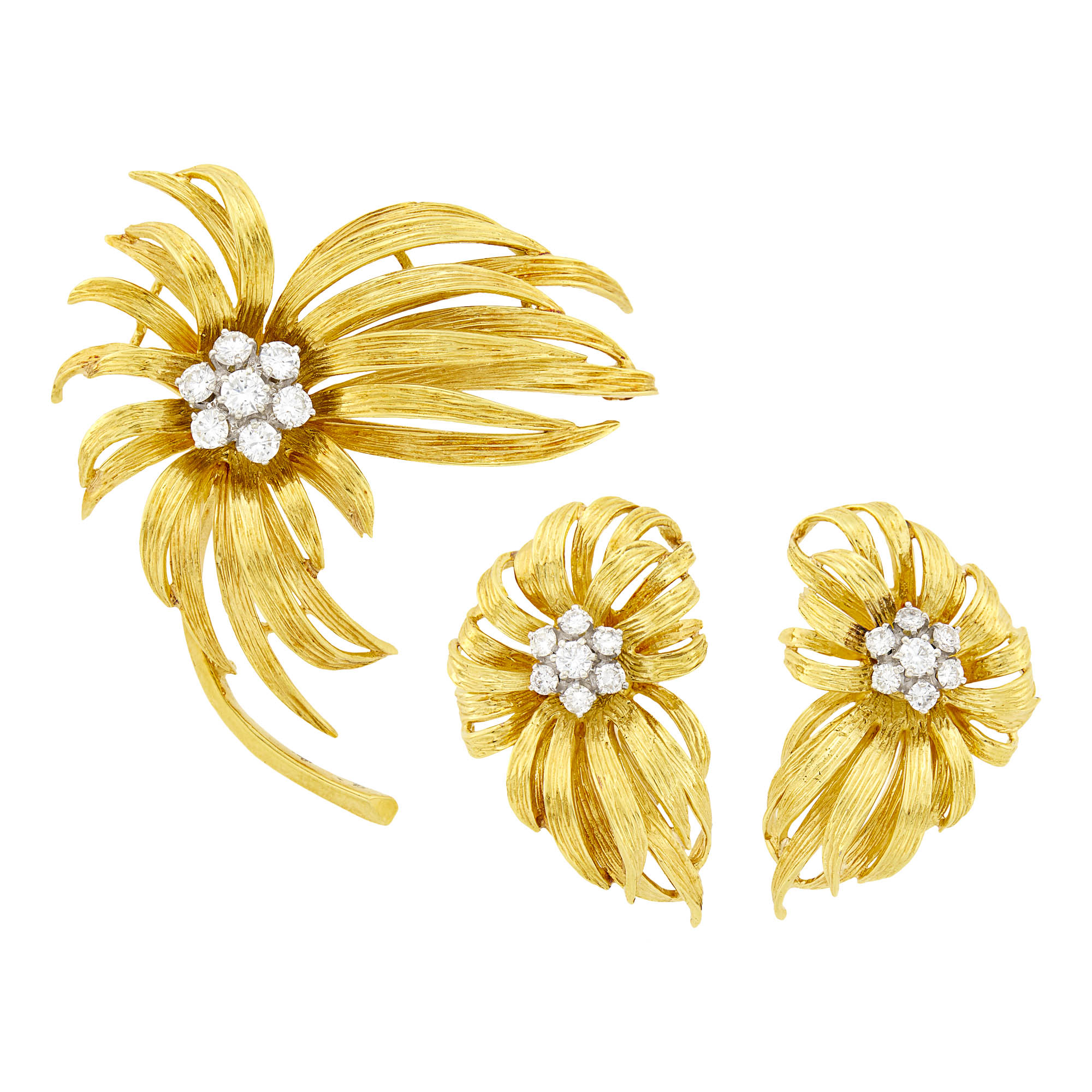 Lot image - Gold and Diamond Flower Brooch and Pair of Earrings