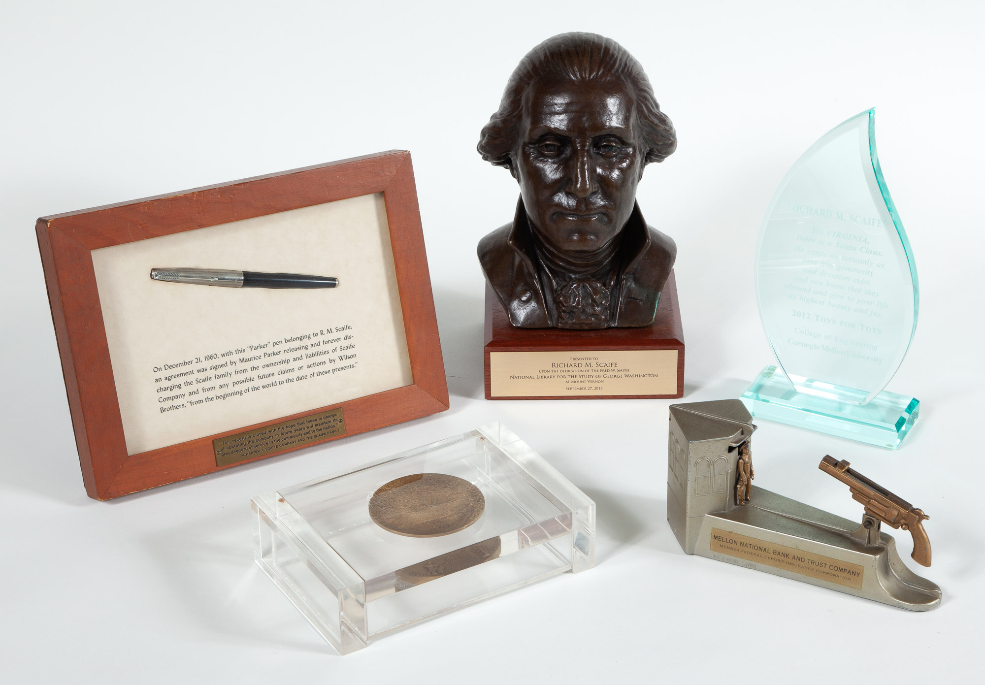 Lot image - [MEDALS & AWARDS]  Group of miscellaneous bronze medals, plaques and other items presented to Scaife family members.