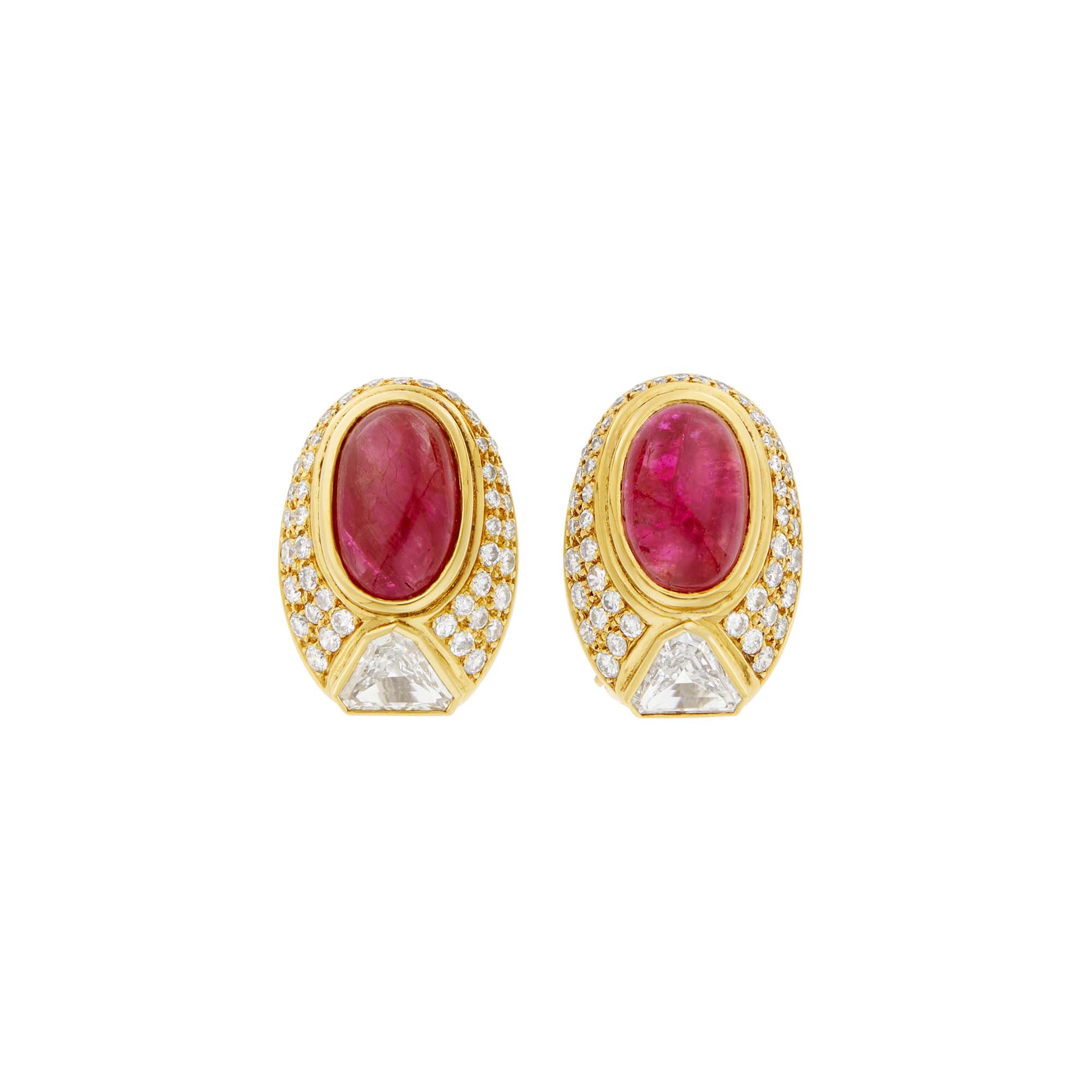 Lot image - Mecan Elde Pair of Gold, Cabochon Ruby and Diamond Earclips, France