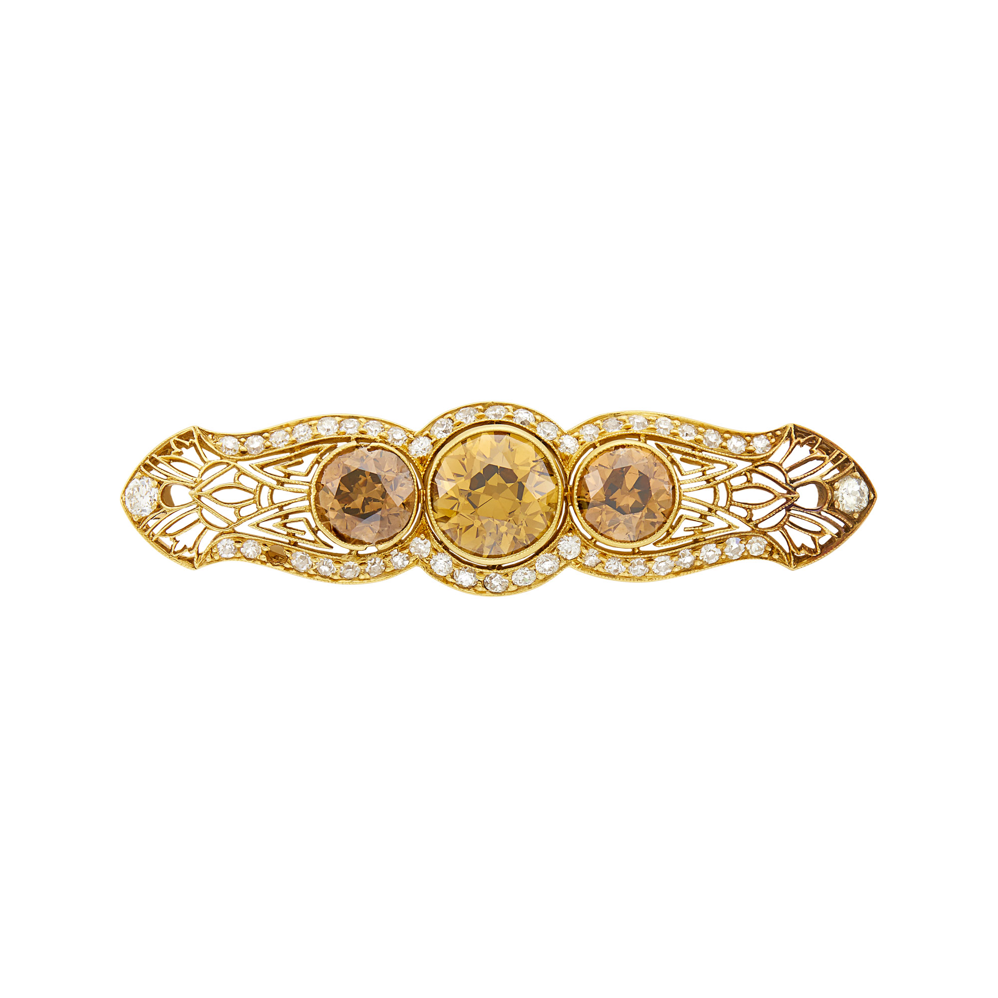 Lot image - Gold, Colored Diamond and Diamond Filigree Bar Brooch