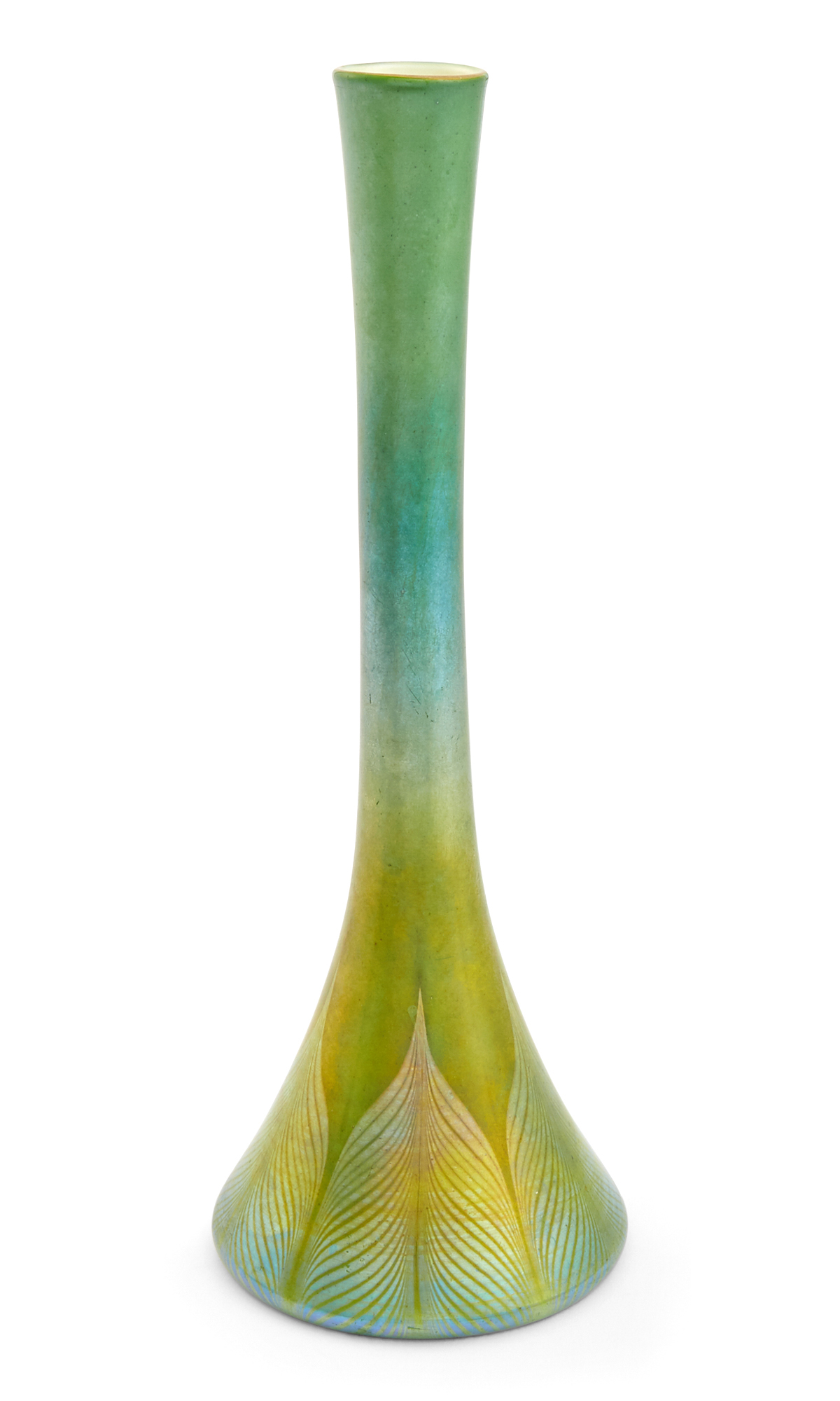 Lot image - Tiffany Green Favrile Glass Stick Neck Bud Vase