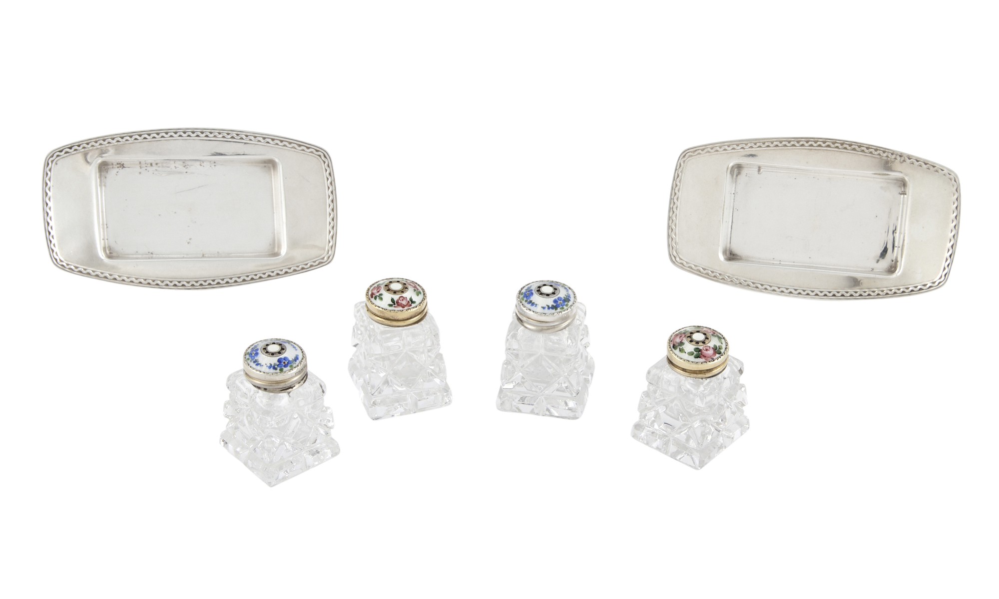 Lot image - Two Pair of Norwegian Sterling Silver, Enamel and Glass Individual Salt and Pepper Shakers