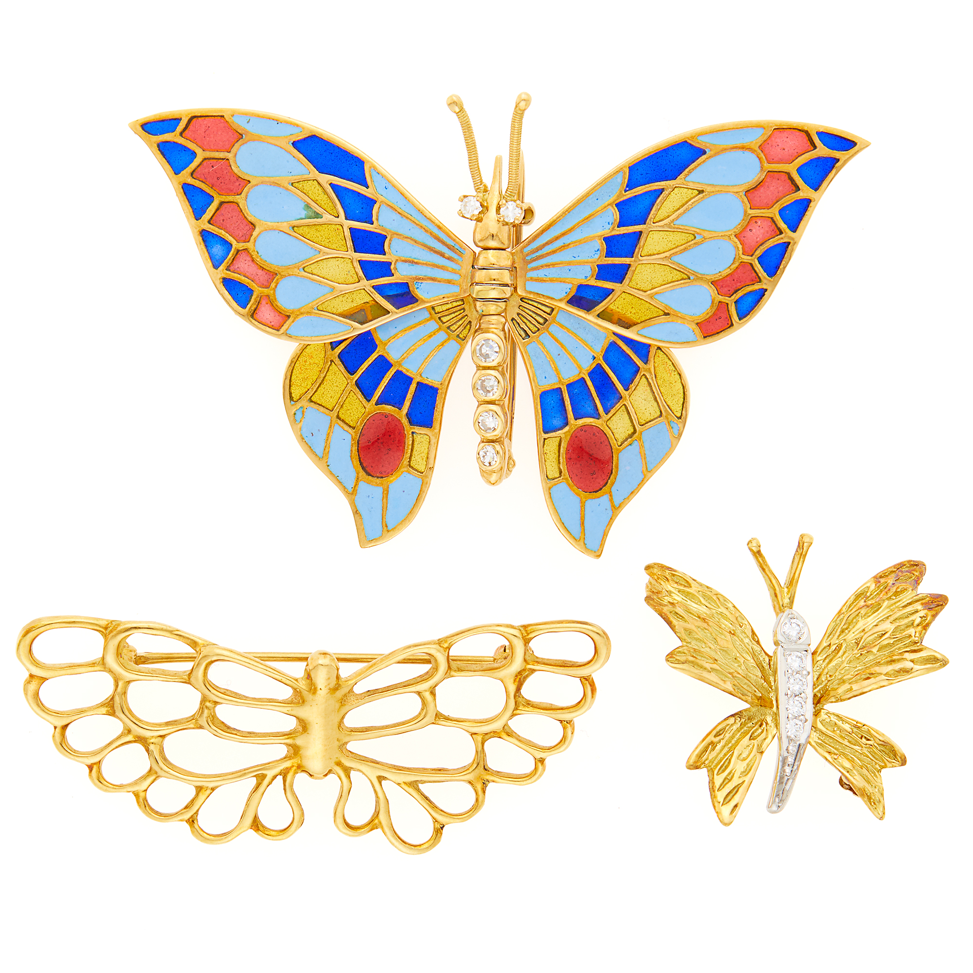 Lot image - Gold, Plique-à-Jour Enamel and Diamond Butterfly Brooch, Angela Cummings Gold Brooch and Tiffany & Co. Gold and Diamond Brooch