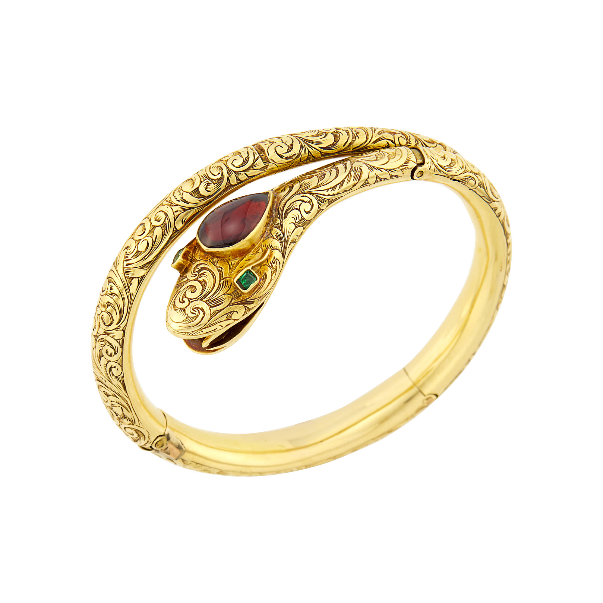 Lot image - Antique Gold, Cabochon Garnet and Emerald Snake Bracelet
