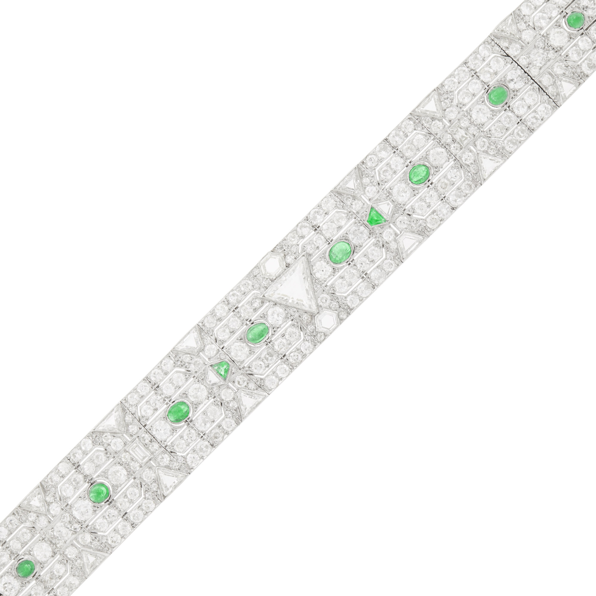 Lot image - Platinum, Diamond and Cabochon Emerald Bracelet