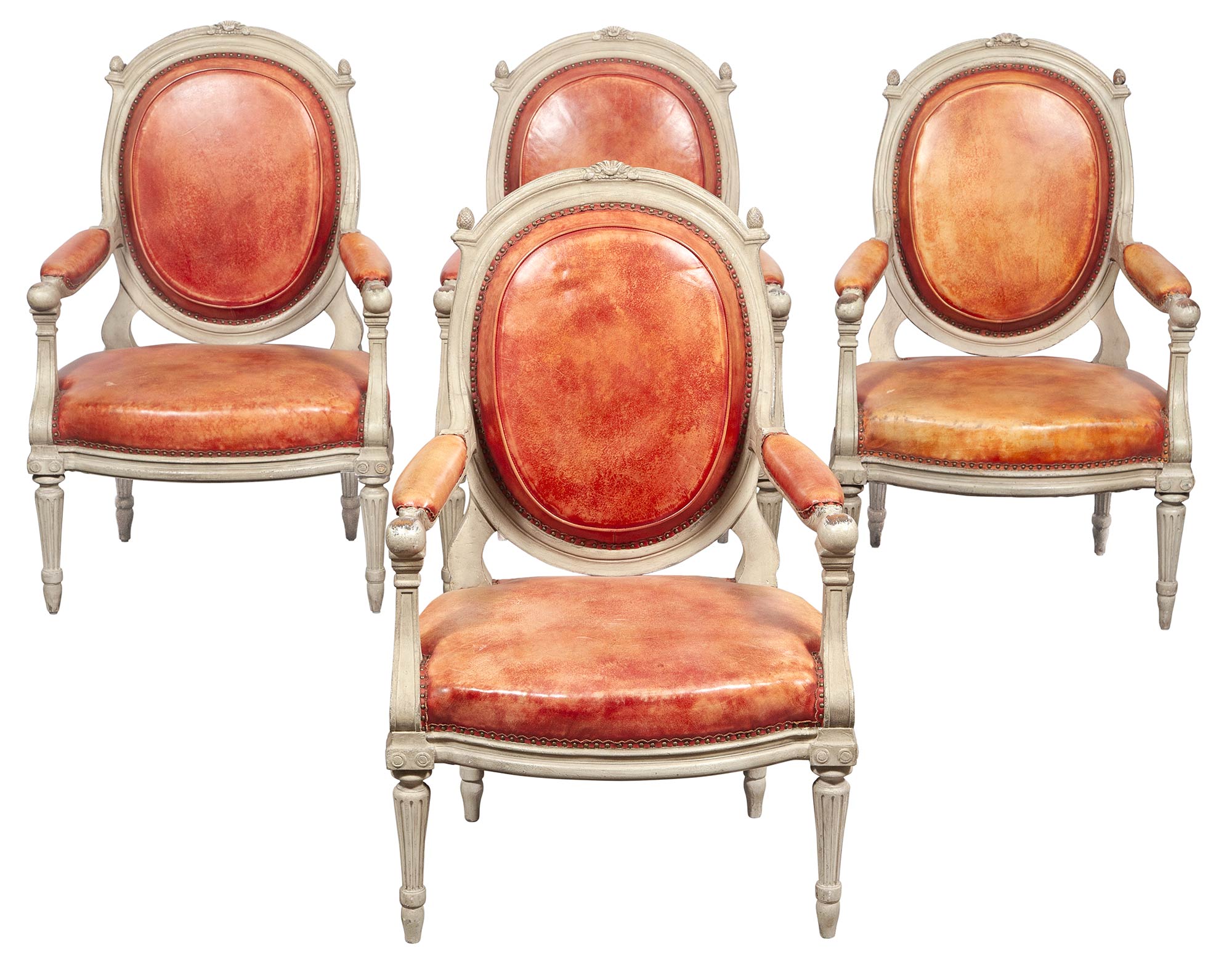 Lot image - Set of Four Italian Neoclassical Style Painted and Leather-Upholstered Armchairs