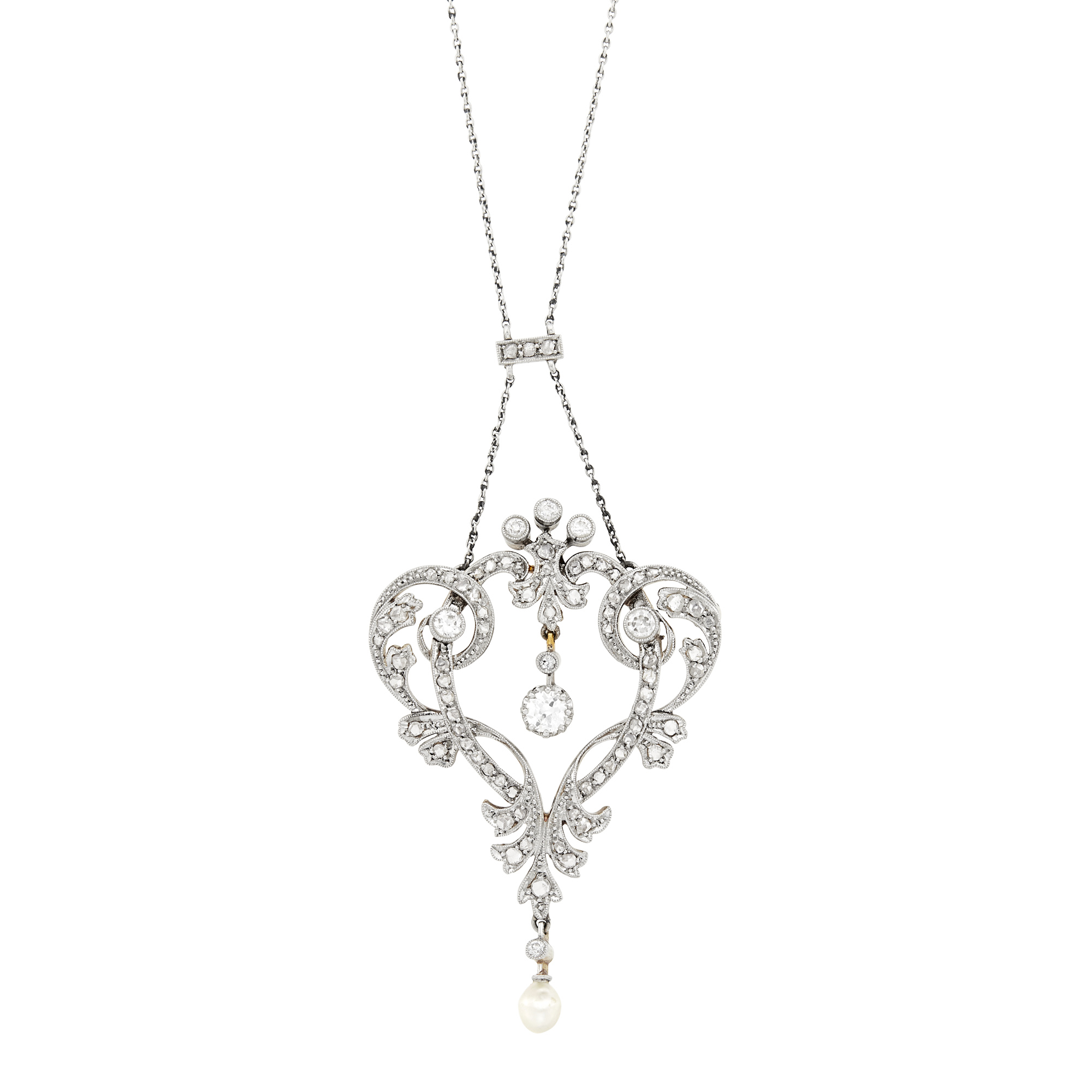 Lot image - Gold, Platinum, Diamond and Pearl Pendant with Platinum Chain Necklace